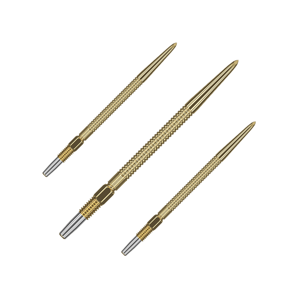 Das Bild zeigt drei goldene Dartspitzen des Produkts "Target Swiss Point GRD Gold Dartspitzen". Sie haben eine strukturierte Oberfläche und silberne Spitzen.