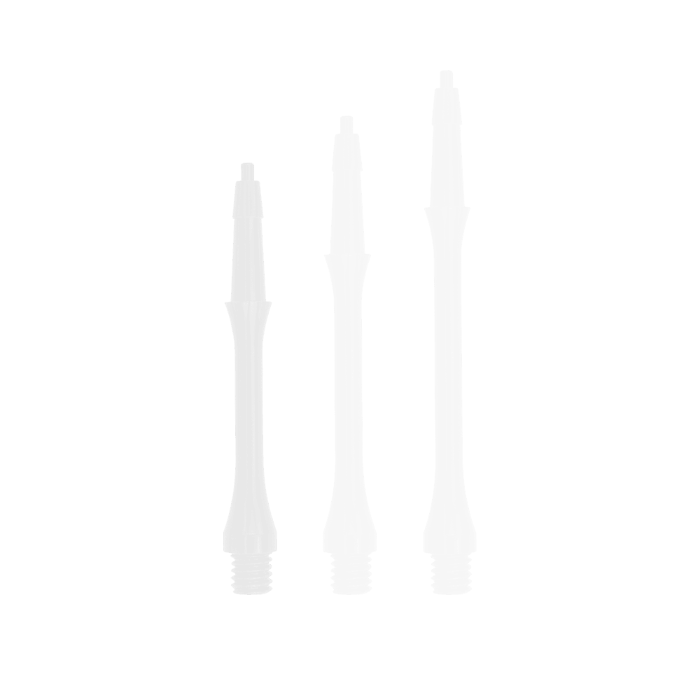 Das Bild zeigt drei weiße, schlanke Harrows Clic Shafts in verschiedenen Längen. Sie sind Ersatzteile für Dartpfeile.
