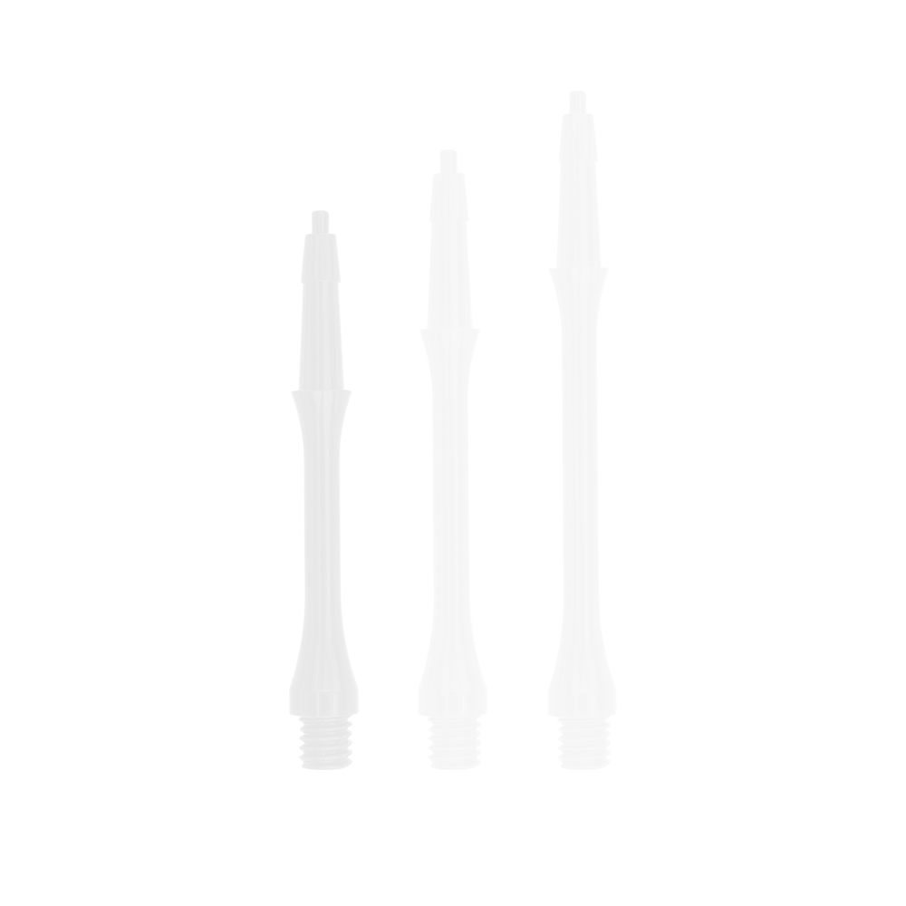 HRC-12602-W_Harrows_Clic_Slim_Shafts_White_23mm_1U07mZhF48ZrHH Das Bild zeigt drei weiße, schlanke Harrows Clic Shafts in verschiedenen Längen. Sie sind Ersatzteile für Dartpfeile.