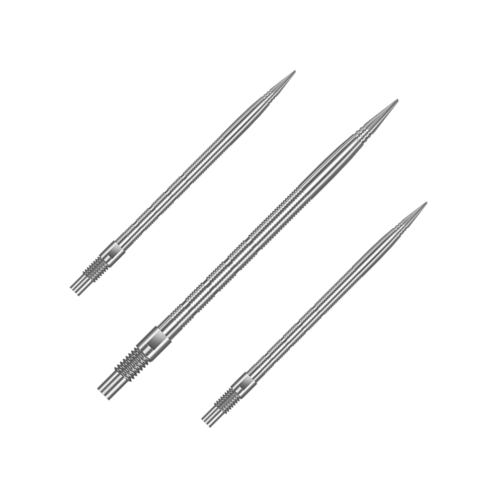 Das Bild zeigt QP28023 Harrows Quick Point MicroRidge Dartspitzen Silber 40mm 1Set. Es handelt sich um Ersatz-Dartspitzen für Darts in silberner Farbe.