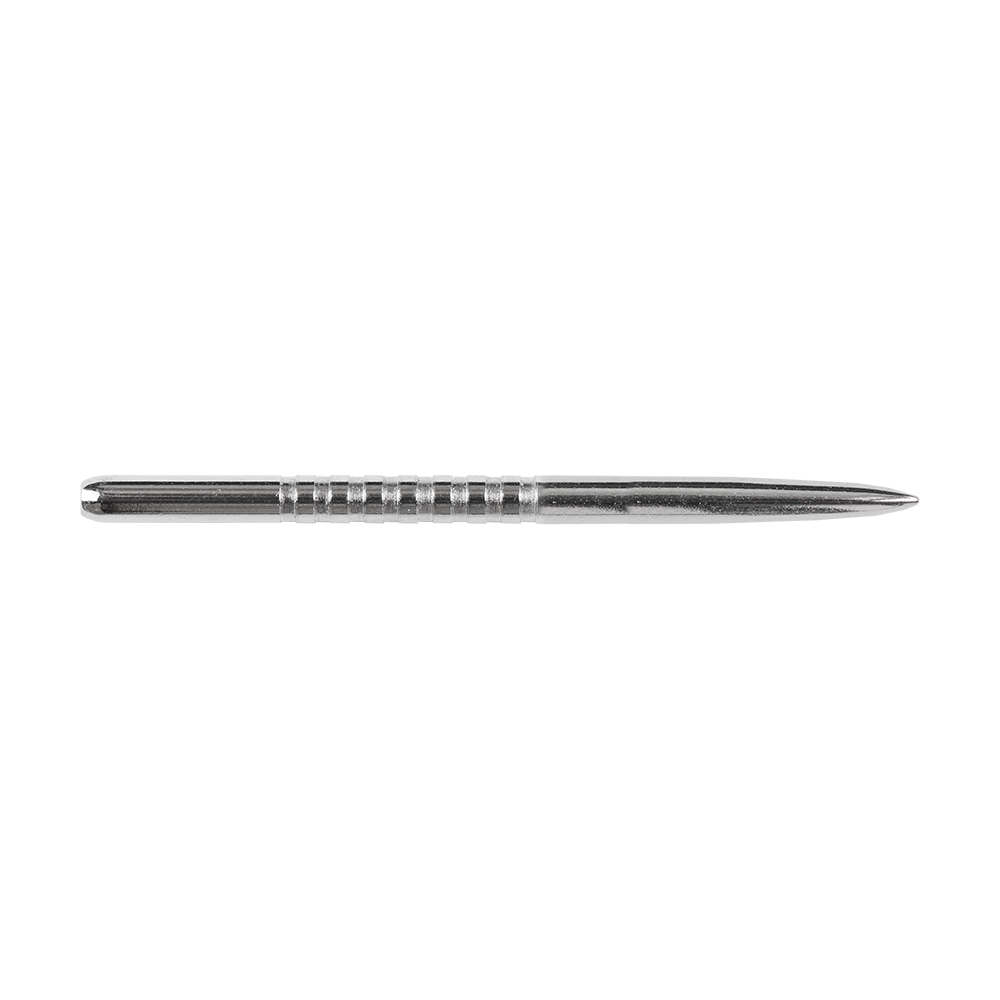 57783_Bulls_GP3_Steeldartspitzen_Silber_42mm_2 Das Bild zeigt eine silberne Steeldartspitze namens "Bulls GP3 Steeldartspitzen Silber". Die Spitze ist lang, schmal und hat mehrere Rillen im mittleren Bereich.