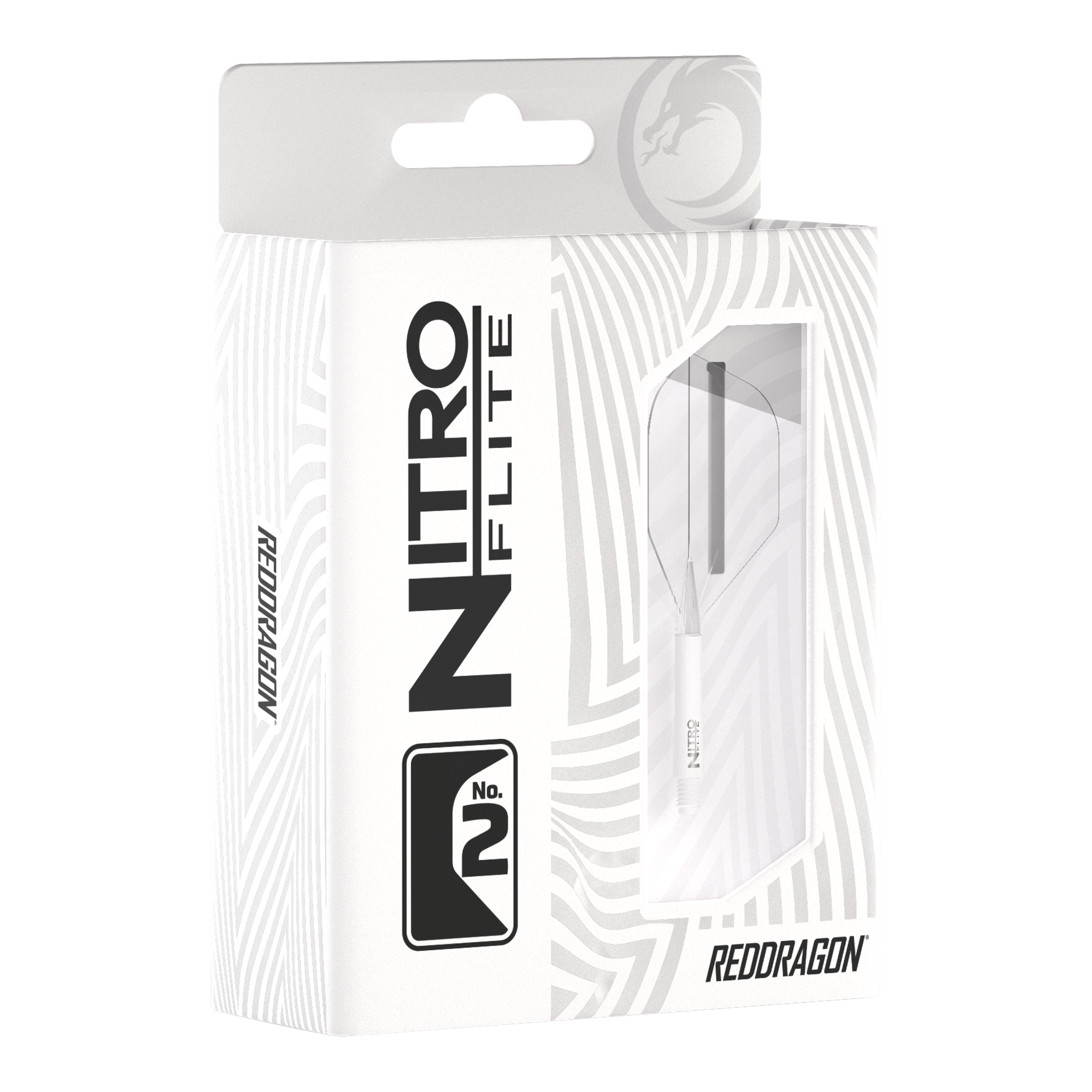 Red Dragon Nitroflite - White Shaft Clear No2 Flights Die Abbildung zeigt die Verpackung der „Red Dragon Nitroflite - White Shaft Clear No2 Flights“. Die Verpackung ist überwiegend weiß und hat ein Sichtfenster, durch das die Dartflights zu sehen sind.