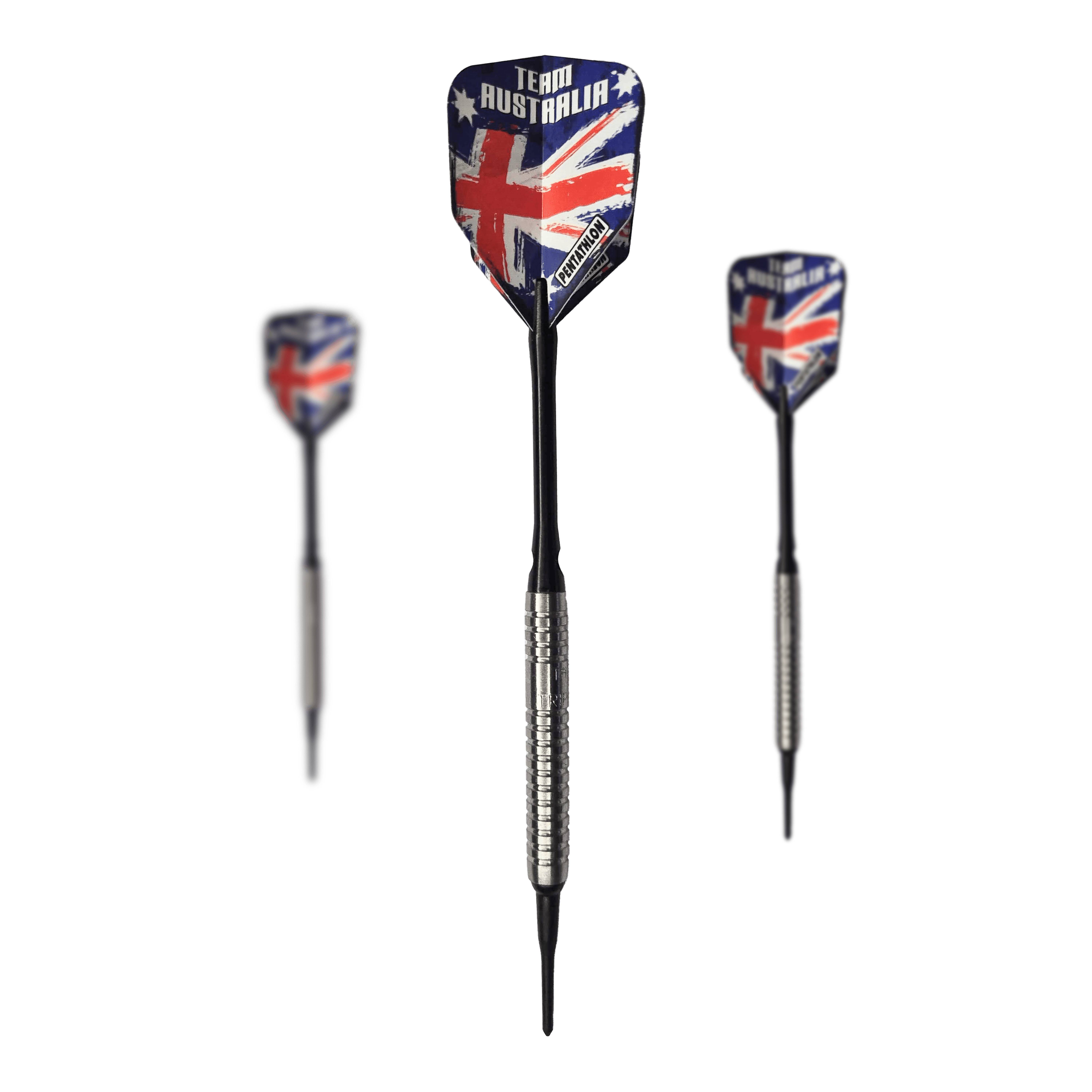 McDart 85er Tungsten V5 Softdarts - 16g Das Bild zeigt drei Softdarts des Produkts „McDart 85er Tungsten V5 Softdarts - 16g“. Die Flights sind im Design der australischen Flagge gehalten und haben den Schriftzug „Team Australia“.