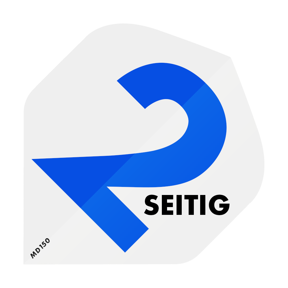 Das Bild zeigt ein großes, blaues Symbol in Form einer umgekehrten "2" mit einem Pfeil. Daneben steht das Wort "SEITIG" in fetten, schwarzen Buchstaben.