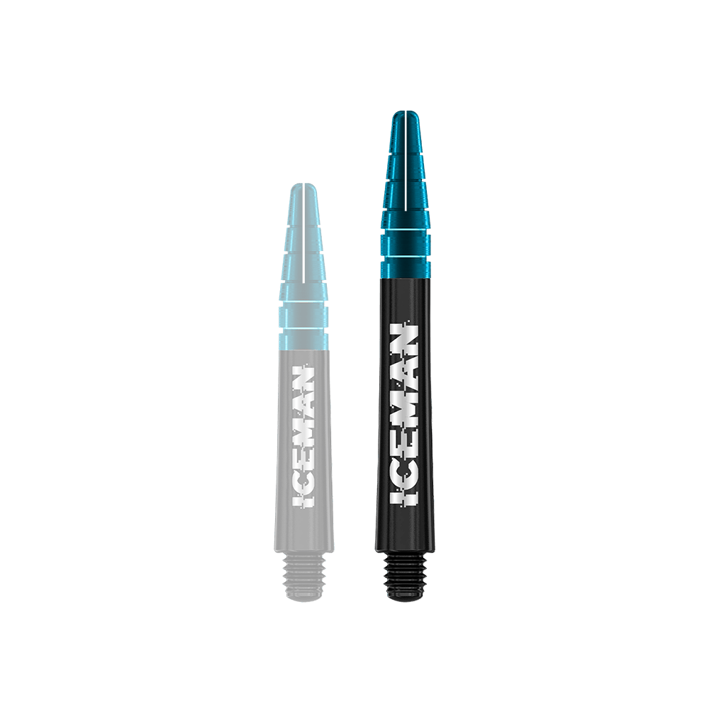 Das Bild zeigt zwei schwarze Dartschäfte mit blauen Spitzen. Auf den Schäften steht in weißer Schrift das Wort "ICEMAN".