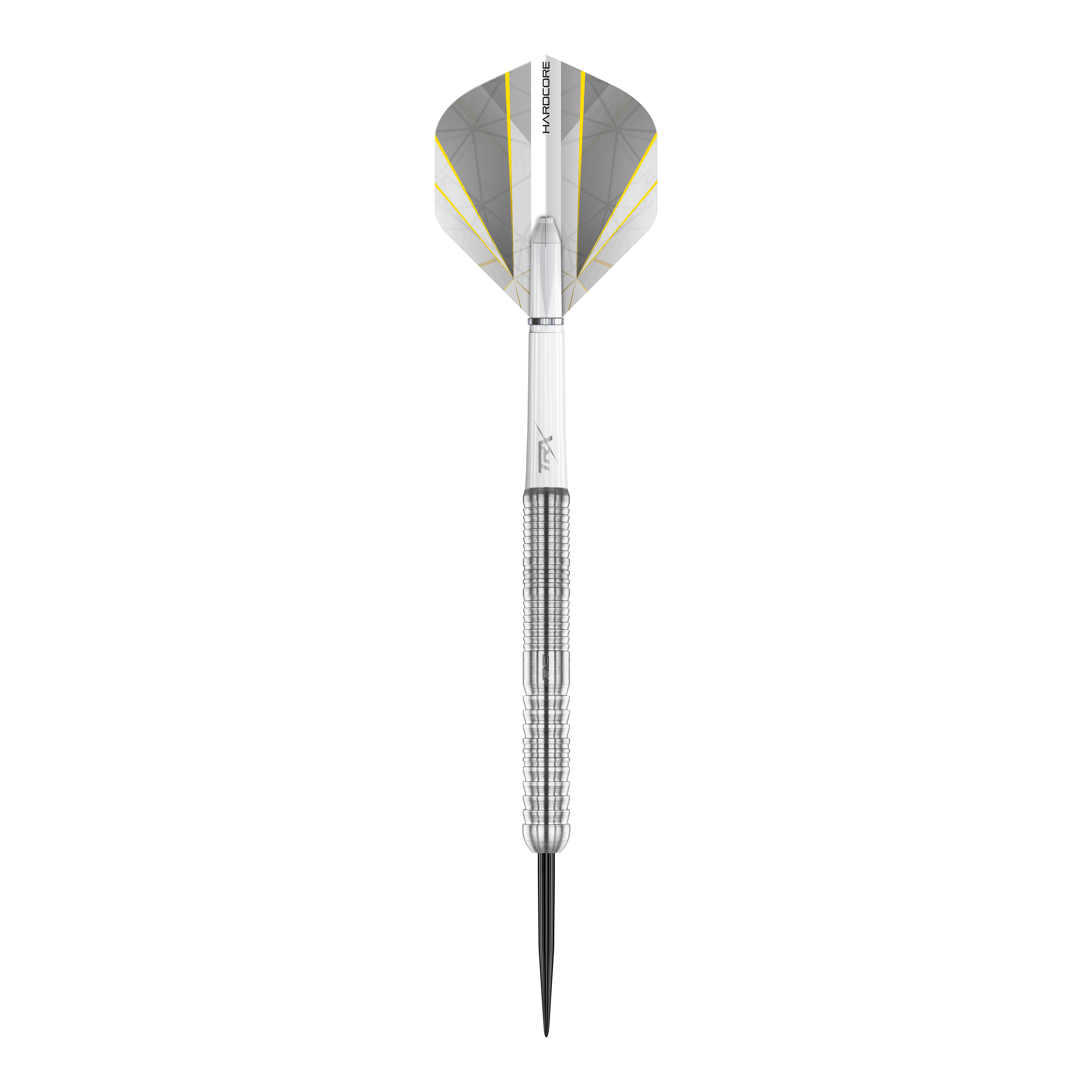 Red Dragon Seren 1 Pure Steeldarts Das Bild zeigt einen einzelnen Red Dragon Seren 1 Pure Steeldart. Der Dart ist silberfarben mit einem strukturierten Griff und einem weißen Flight mit gelben und grauen Akzenten.