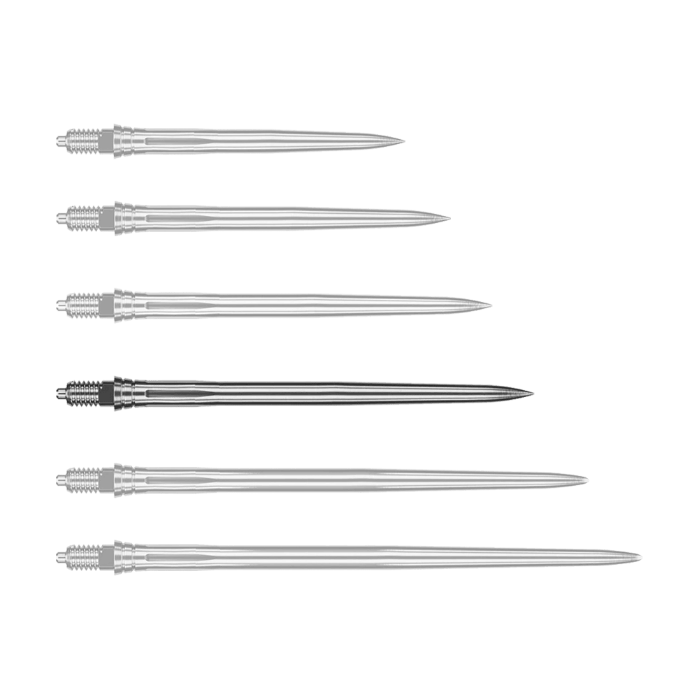 Abgebildet ist eine einzelne silberne Dartspitze mit glatter Oberfläche und 40mm Länge. Die Spitze eignet sich für den Austausch oder Ersatz an Dartpfeilen.