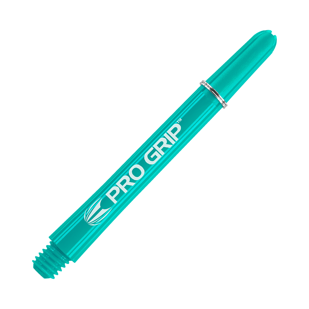 Dies ist ein türkisfarbener Dart-Schaft mit der Aufschrift "PRO GRIP". Er hat ein Schraubgewinde an einem Ende und einen silbernen Ring nahe dem anderen Ende.