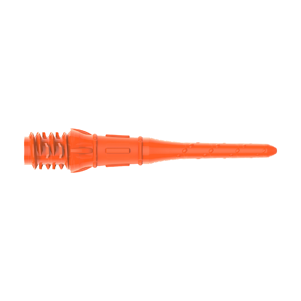 Premium Lippoints (30er Pack) - Spitzen Das Bild zeigt eine orangefarbene Dartspitze aus Kunststoff. Sie hat ein Gewinde am einen Ende und ist am anderen Ende spitz zulaufend.