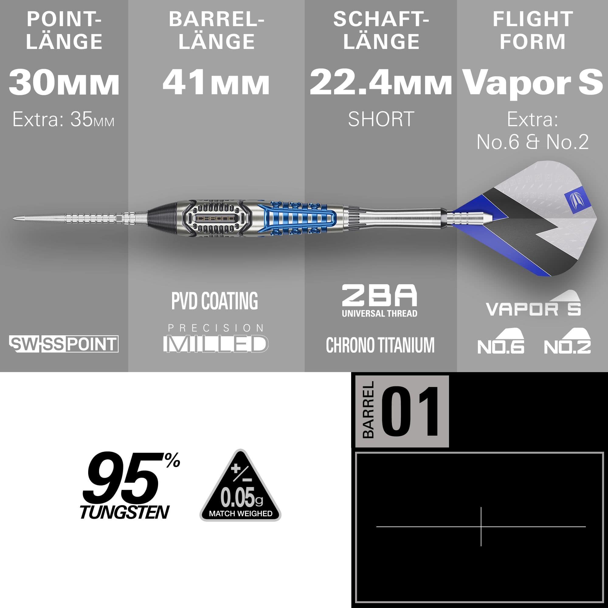 Hier sieht man die Target Phil Taylor Power X Chrono Swiss Points Steeldarts. Die Darts sind in einem eleganten Design gehalten.
