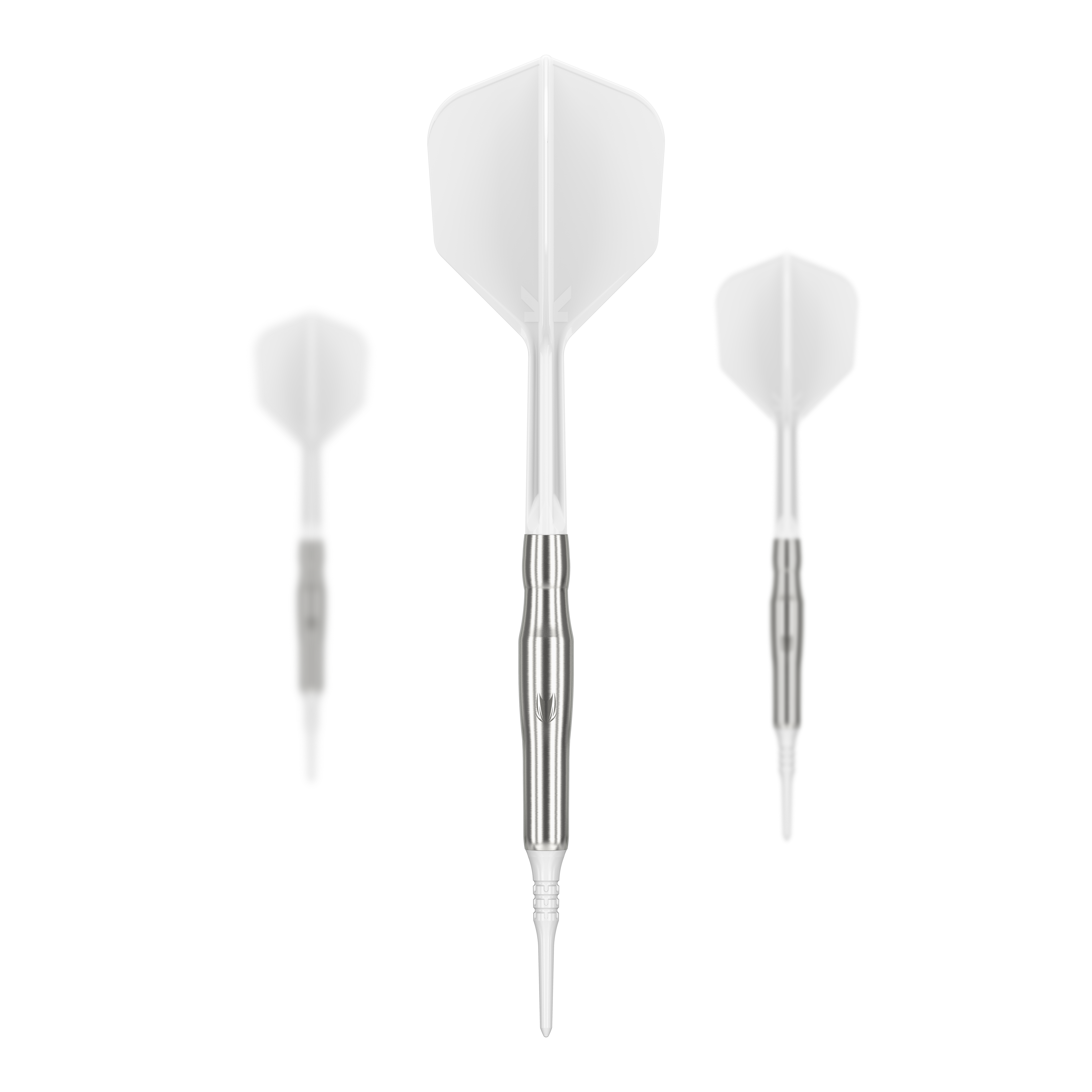 Target Japan Crux Brave Softdarts - 18,5g Das Bild zeigt drei Softdarts des Produkts "Target Japan Crux Brave Softdarts - 18,5g". Die Darts haben silberne Schäfte und weiße Flights.