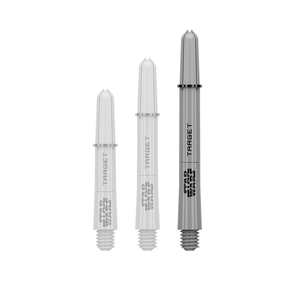 Target Star Wars ProGrip Shafts - Grau Das Bild zeigt ein Dart-Zubehör mit dem Dateinamen 380432_Target_StarWars_ProGrip_Shafts_Grau_Medium_48mm_1. Es handelt sich wahrscheinlich um einen einzelnen grauen Medium ProGrip Shaft von Star Wars mit 48mm Länge.