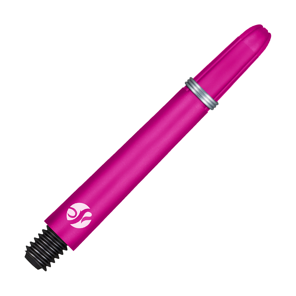 Das Bild zeigt einen pinkfarbenen Dartshaft mit einem silbernen Ring. Am unteren Ende befindet sich ein schwarzes Gewinde zum Befestigen am Dartpfeil.