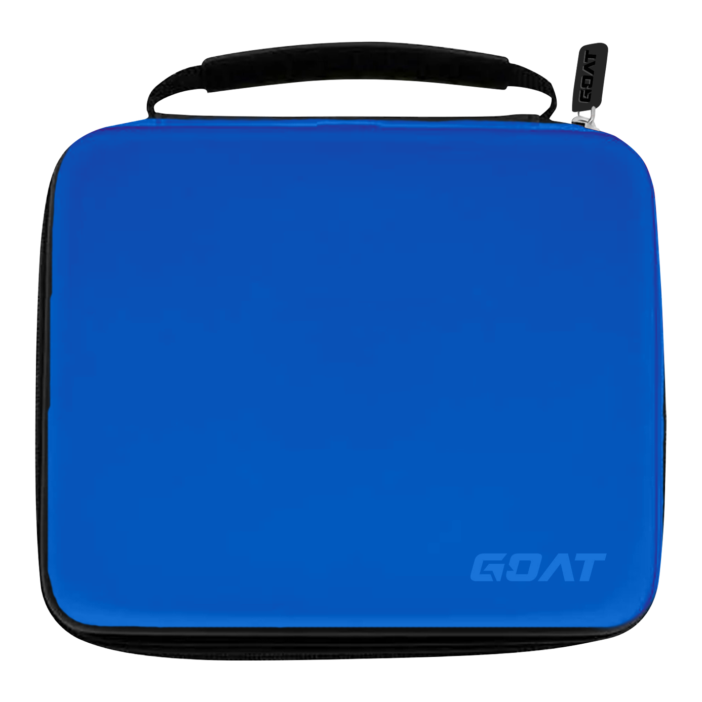 Dies ist ein rechteckiges Dart-Etui in leuchtendem Blau mit schwarzem Reißverschluss und Tragegriff. In der unteren rechten Ecke befindet sich das Logo "GOAT".