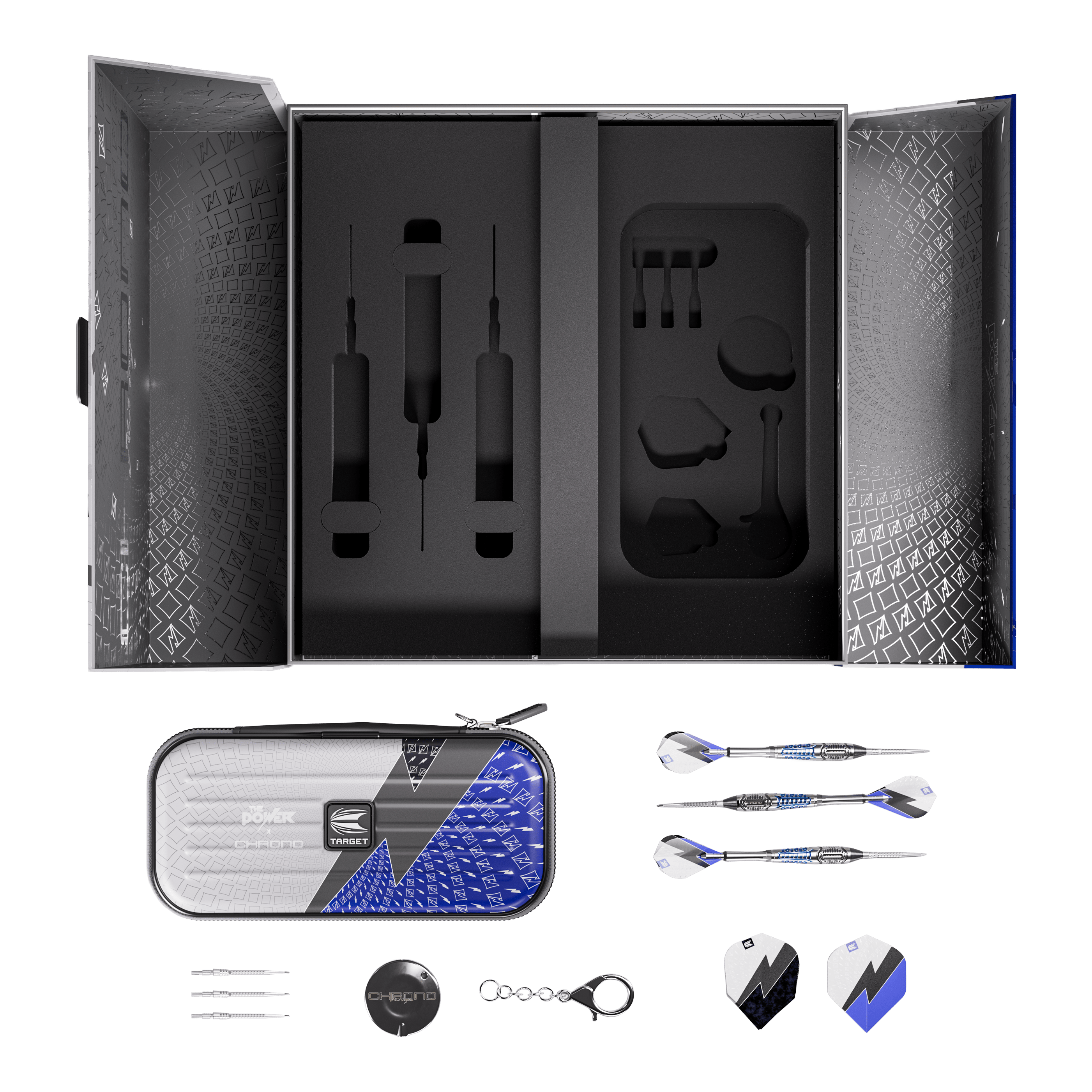 Zu sehen sind die Target Phil Taylor Power X Chrono Swiss Points Steeldarts. Sie bieten eine ausgewogene Balance und optimale Kontrolle.