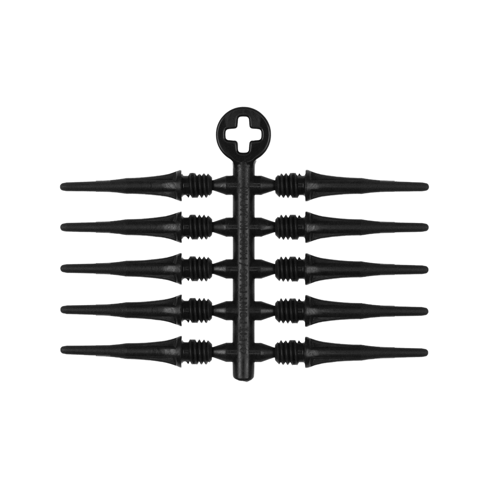 X9078_Cosmo_Fit_Point_Plus_2BA_Spitzen_Schwarz_2 Das Bild zeigt eine schwarze Kunststoffhalterung mit acht austauschbaren Dartspitzen. In der Mitte befindet sich ein rundes Element mit einem Kreuzmuster.
