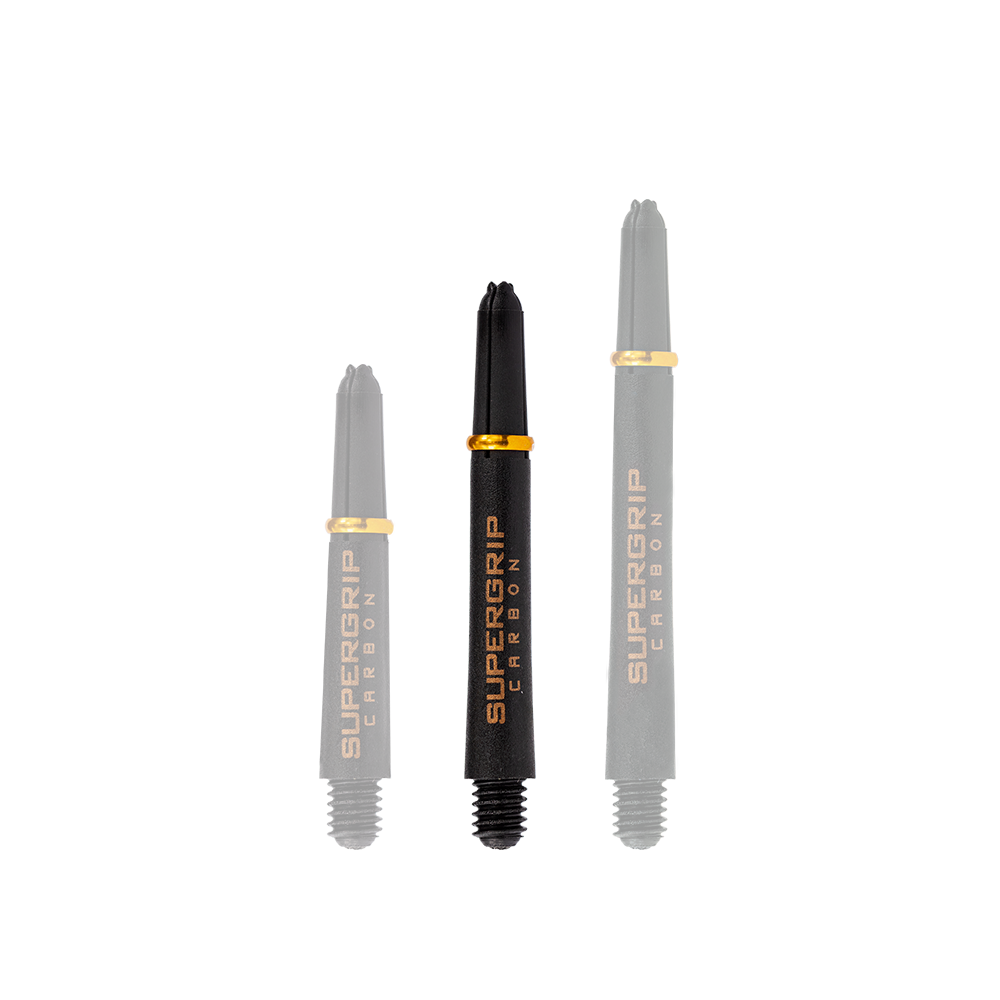 HR352_Harrows_Supergrip_Carbon_Shafts_Gold_40mm_1 Das Bild zeigt drei unterschiedlich lange Harrows Supergrip Carbon Shafts in der Farbe Gold. Die Dartschäfte sind schwarz mit goldenen Akzenten und der Aufschrift "SUPERGRIP CARBON".