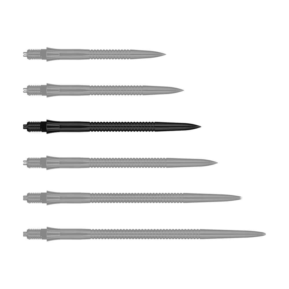 Das Bild stellt schwarze, gerillte Dartspitzen mit 36 mm Länge dar. Die Datei ist unter dem Namen EVO203_Caliburn_EZ-EVO_Dartspitzen_Grooved_Schwarz_36mm_1 gespeichert.