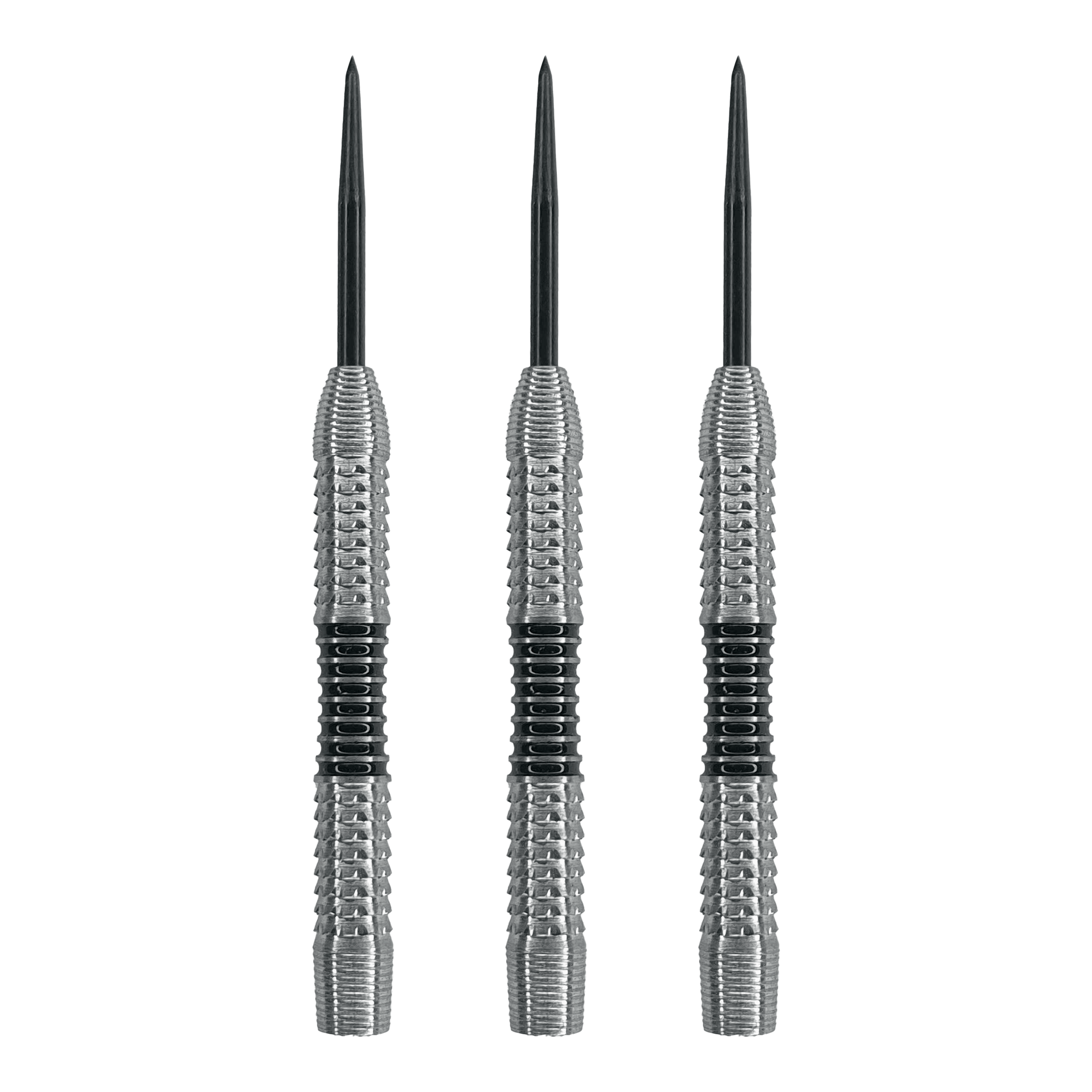 McDart Black Stripe 2 Steeldart-Barrels - 22g Das Bild zeigt drei Steeldart-Barrels mit silberner Oberfläche und schwarzen Ringen in der Mitte. Es handelt sich um das Produkt "McDart Black Stripe 2 Steeldart-Barrels - 22g".