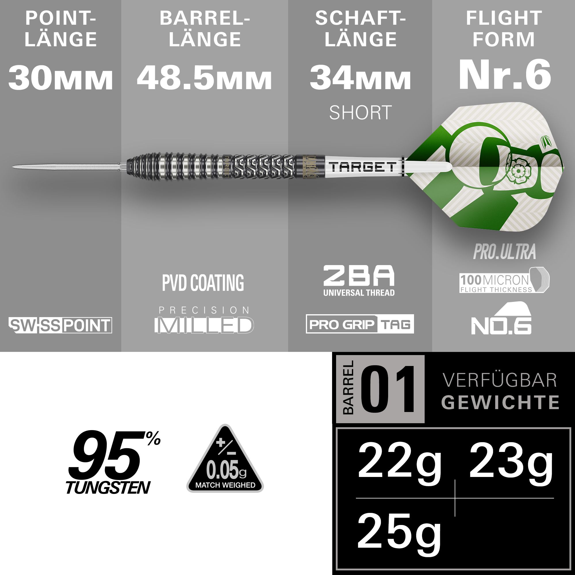 Hier sind die Target Charlie Manby Swiss Points Steeldarts dargestellt. Das Design ist modern und bietet eine gute Griffigkeit.