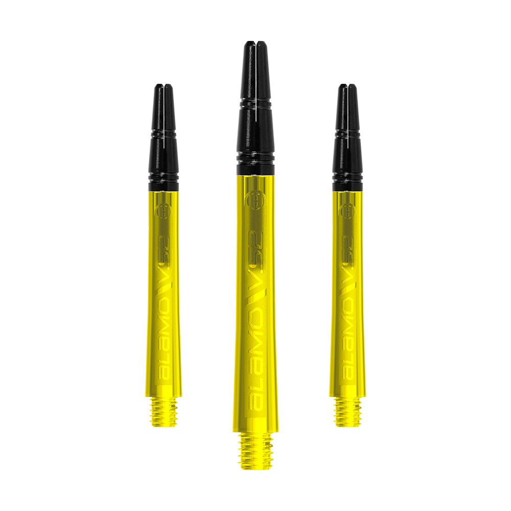 Harrows Alamo VS2 Shafts - Gelb Auf dem Bild sind drei gelbe Dart-Schäfte mit schwarzem oberen Teil zu sehen. Sie stehen aufrecht nebeneinander vor weißem Hintergrund.