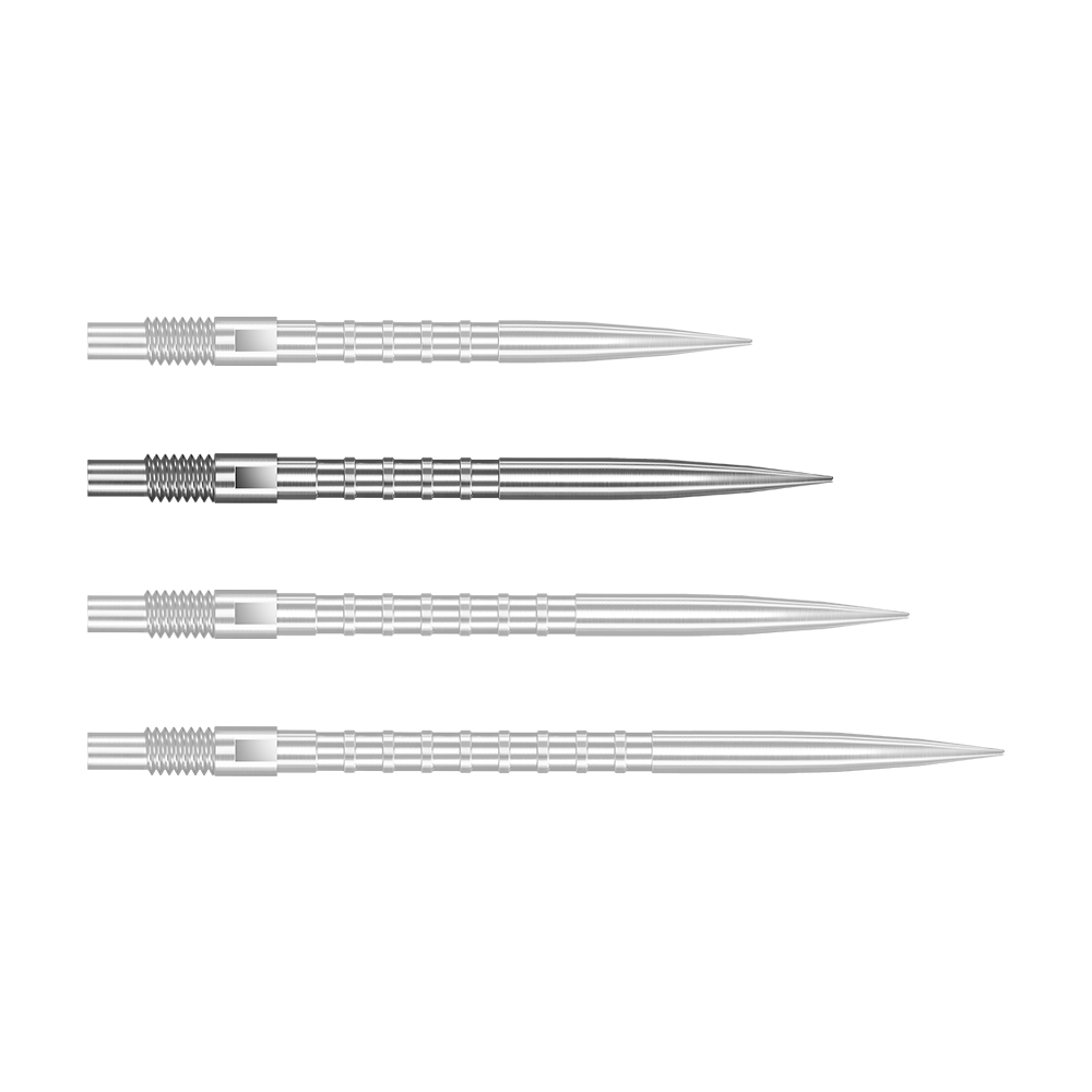 Harrows Quick Point Heavy Metal Dartspitzen - Silber Ein einzelner Harrows Quick Point Heavy Metal Grip Dartspitze in Silber mit 30mm Länge ist abgebildet. Die Dartspitze liegt vor weißem Hintergrund.
