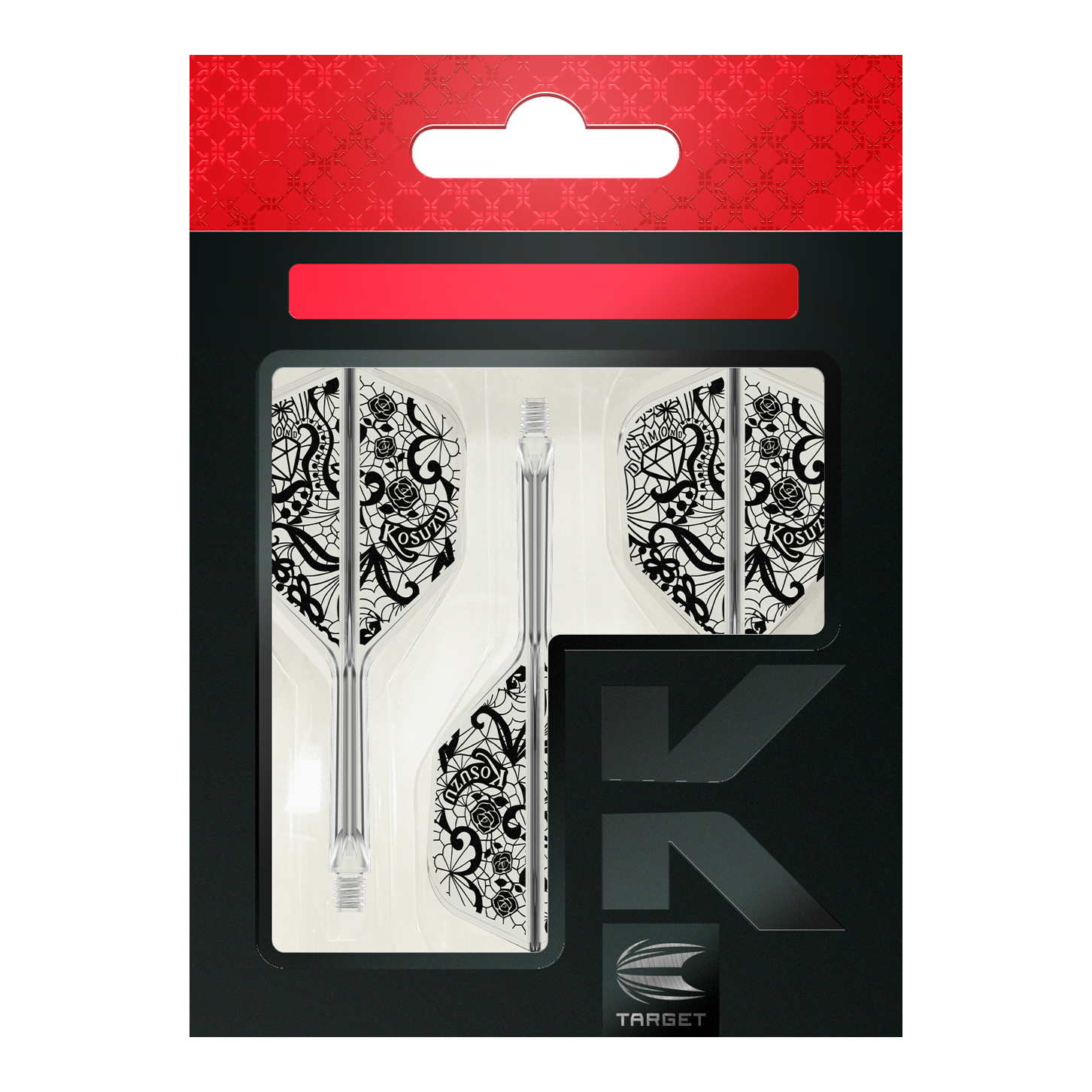 Target Japan K-Flex Diamond No6 Flight-Shaft-System Das Bild zeigt die Verpackung des Produkts "Target Japan K-Flex Diamond No6 Flight-Shaft-System". Zu sehen sind drei transparente Dartschäfte mit weißen Flights, die ein detailliertes, schwarzes Muster haben.