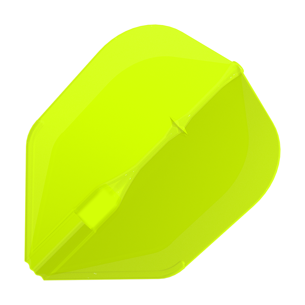 Das Bild zeigt eine neon-gelbe Dartflügel. Die Oberfläche ist glatt und hat eine auffällige, leuchtende Farbe.