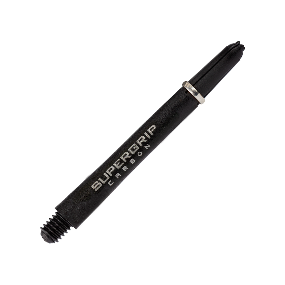 HR356_Harrows_Supergrip_Carbon_Shafts_Silber_47mm_2 Das Bild zeigt einen Harrows Supergrip Carbon Shaft in Silber. Der Schaft ist schwarz mit silbernen Akzenten und der Aufschrift "Supergrip Carbon".