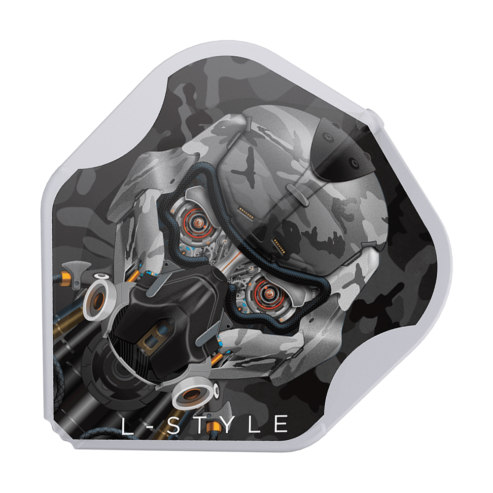 Das Bild zeigt einen L-Style Berry Van Peer V4 Type D Clear White L1EZ Flug für Darts. Das Design zeigt einen futuristischen Roboterkopf mit Camouflage-Muster und technischen Details.