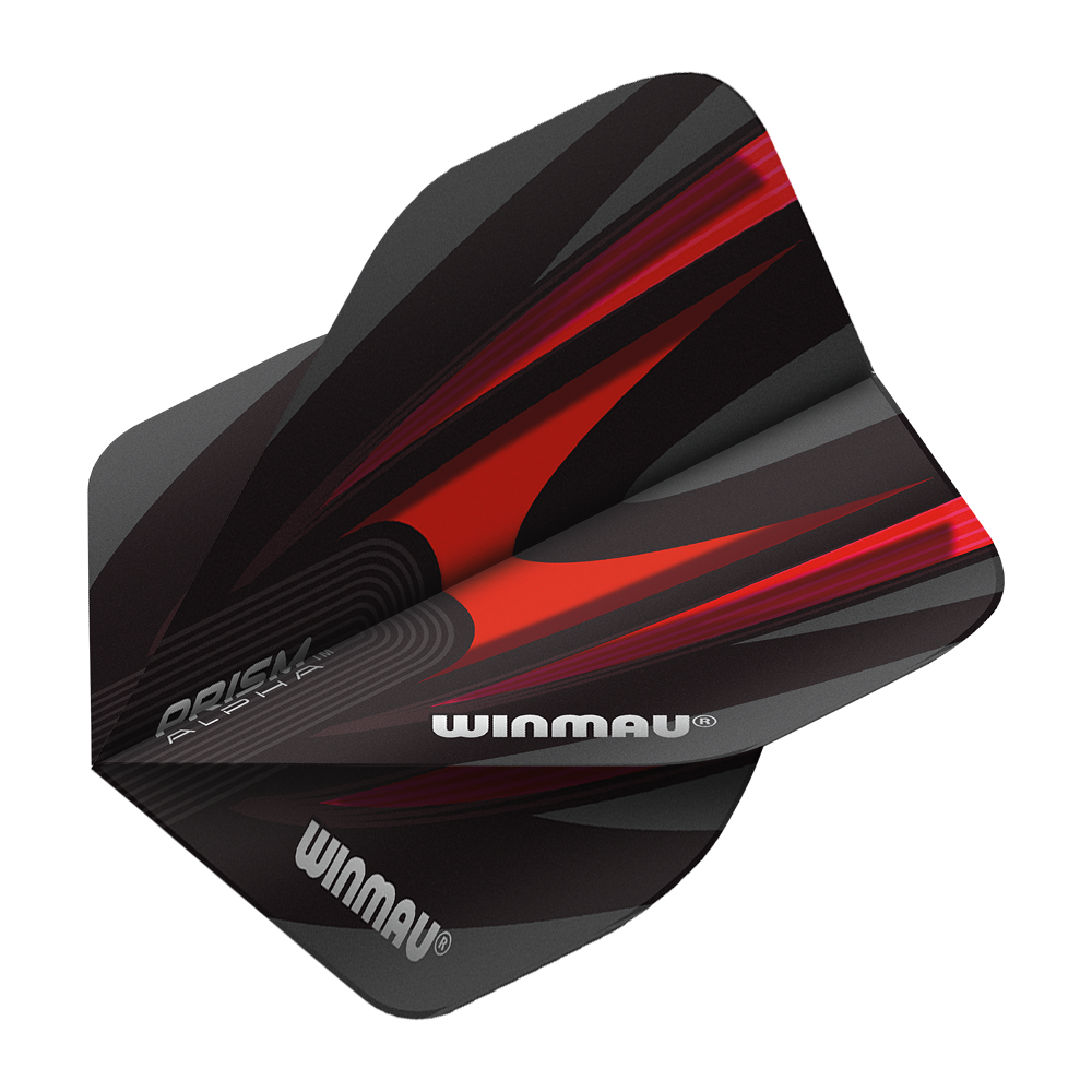 6915-167_Winmau_Prism_Alpha_6915-167_Standard_Flights_2 Das Bild zeigt einen Winmau Prism Alpha 6915.167 Standard Flight für Darts. Das Flight-Design ist überwiegend schwarz mit roten und grauen Akzenten sowie dem Winmau-Logo.