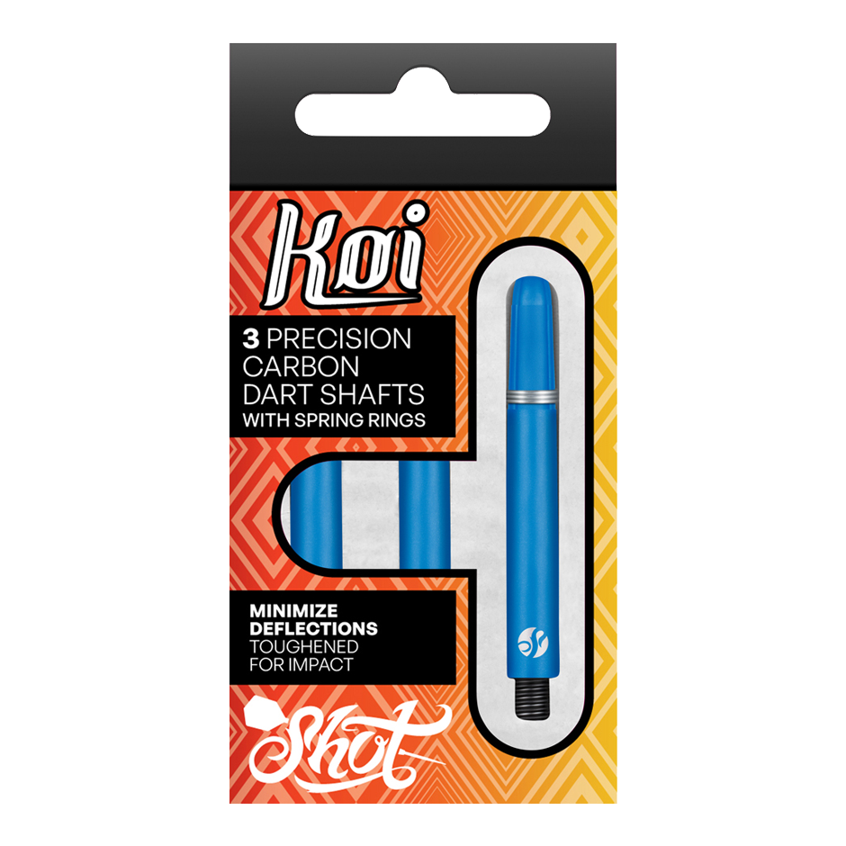Shot Koi Carbon Shafts - Blau Die Abbildung zeigt eine Verpackung mit drei blauen Carbon-Dartschäften der Marke Koi. Auf der Packung steht, dass die Schäfte Präzision bieten, mit Sprengringen ausgestattet sind und Abweichungen minimieren.