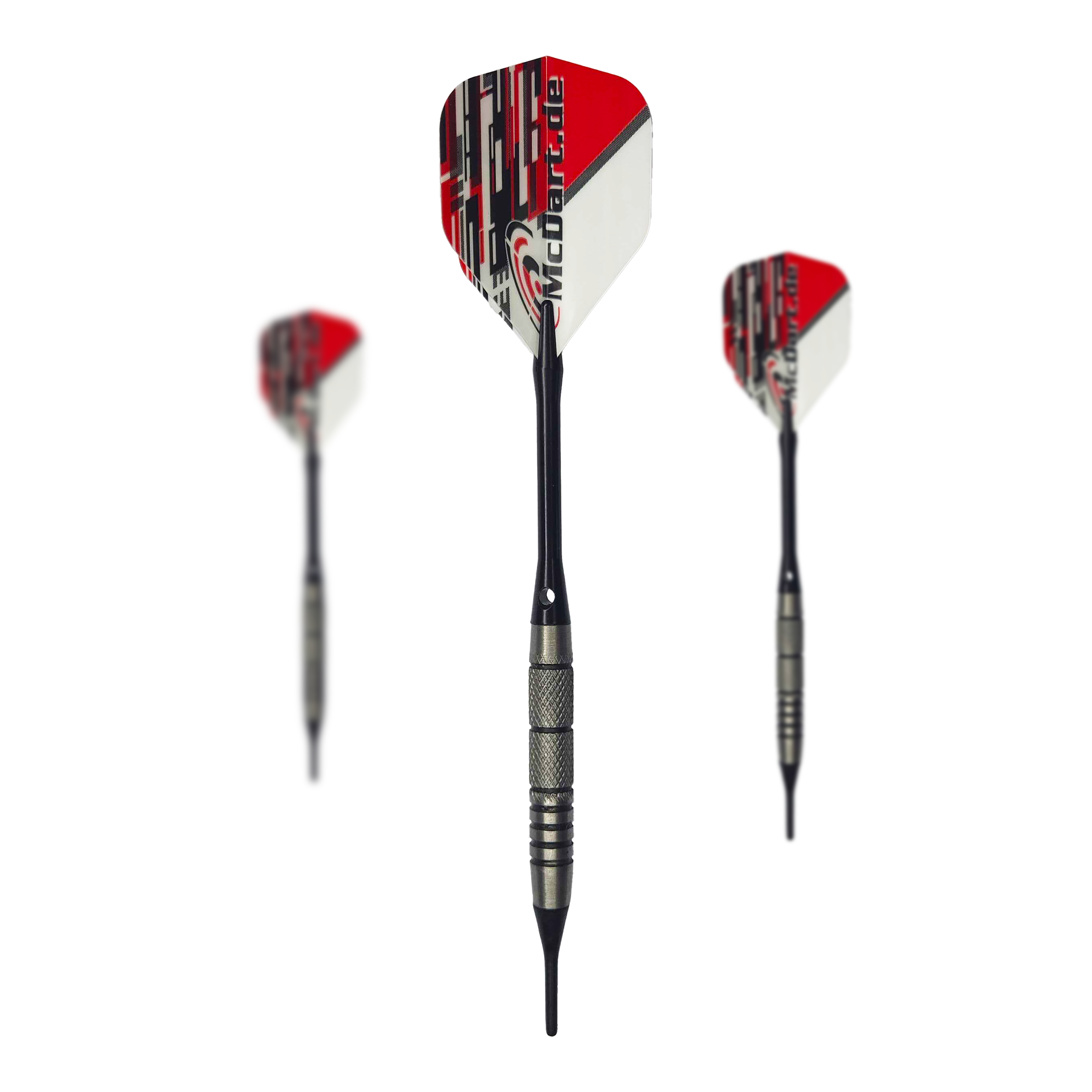 McDart 85er Tungsten V9 Softdarts - 17,5g Das Bild zeigt drei McDart 85er Tungsten V9 Softdarts mit einem Gewicht von 17,5g. Die Darts haben silberne Barrels und rot-weiße Flights mit dem Aufdruck "McDart.de".