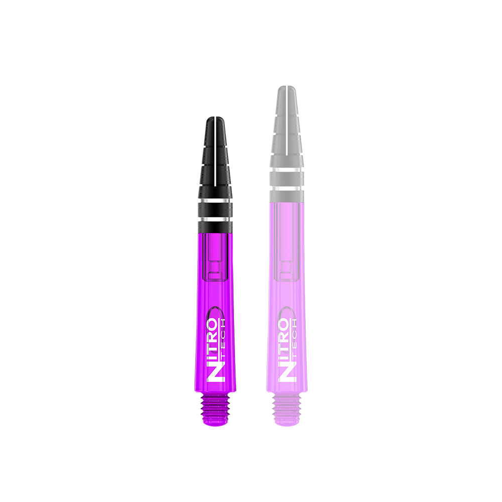 Das Bild zeigt zwei lila RedDragon Nitrotech Shafts. Sie sind für Dartpfeile und haben schwarze Spitzen mit silbernen Ringen.