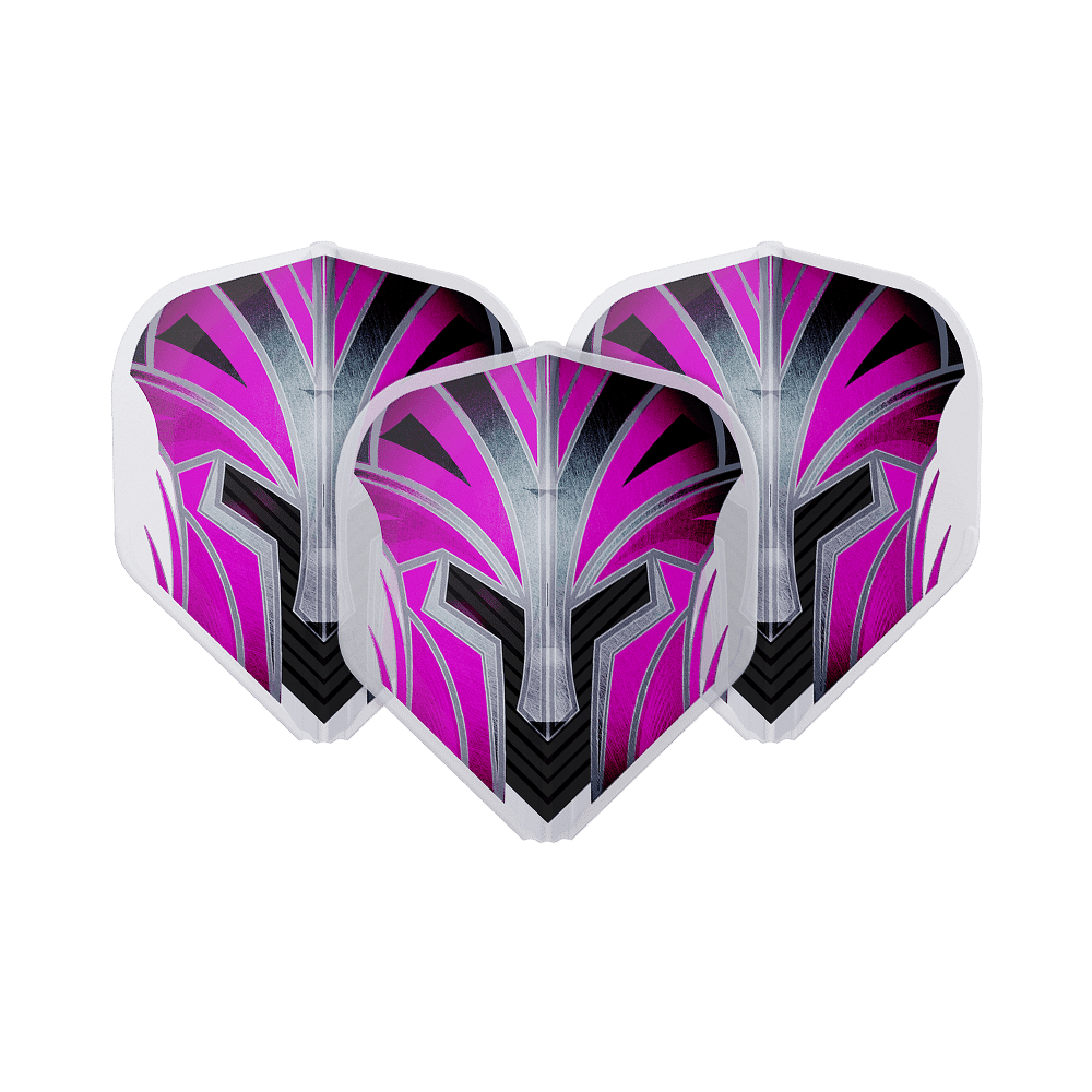 L-Style Prime Series L1EZ Flights Auf dem Bild sind drei Dart-Flights mit einem modernen, pink-schwarzen Design zu sehen. Sie haben ein auffälliges Muster, das an einen stilisierten Helm erinnert.