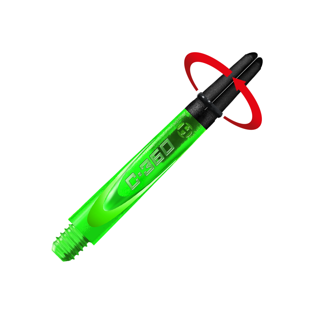 HR453_Harrows_Carbon_360_Shafts_Gr-n_42mm_2_Symbol Das Bild zeigt einen grünen Dart-Schaft mit der Aufschrift "C:360". Der Hintergrund ist in leuchtendem Grün gehalten, und das obere Ende des Schafts ist schwarz.