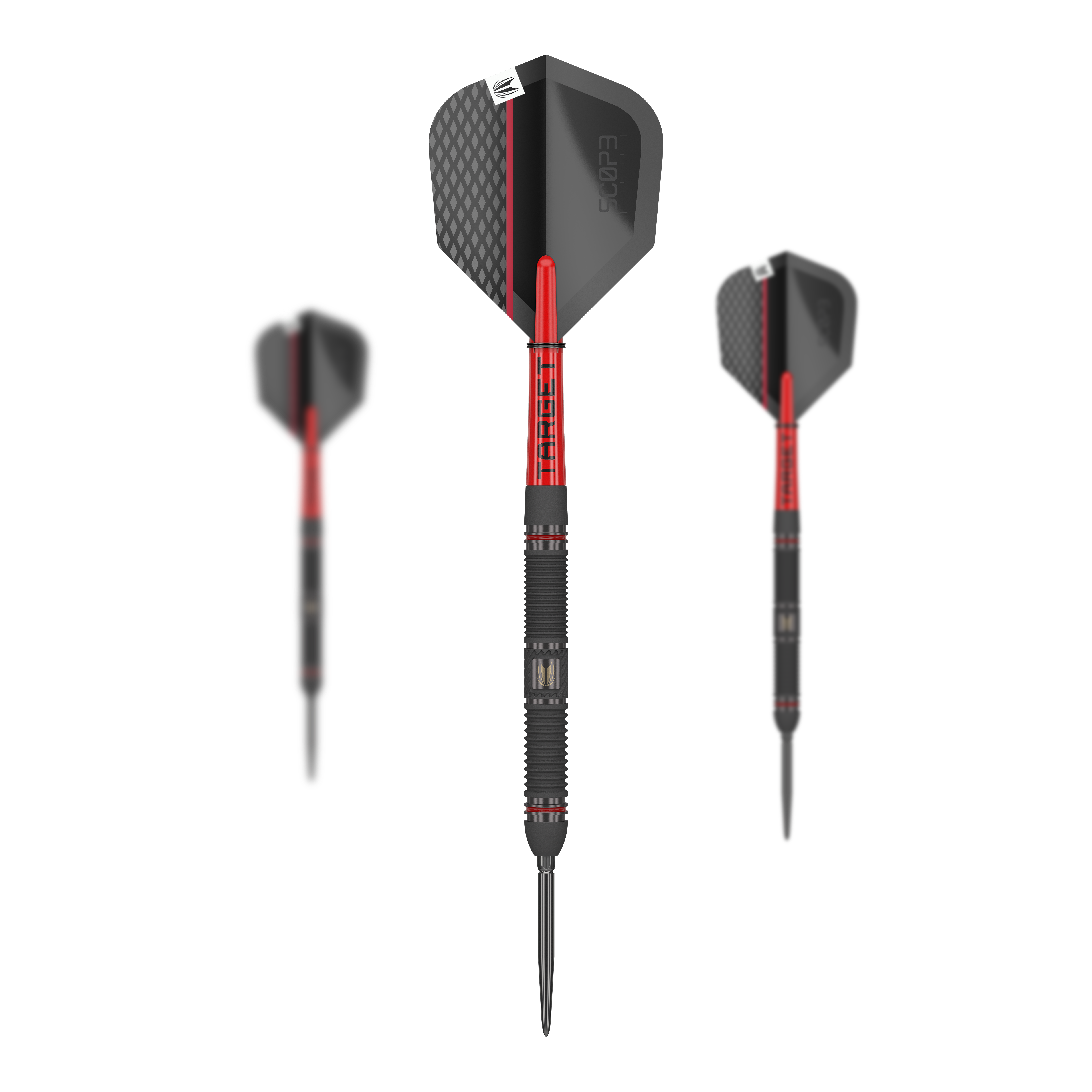 Target Scope 01 Swiss Point Steeldarts Das Bild zeigt drei Steeldarts des Modells "Target Scope 01 Swiss Point". Die Darts sind überwiegend schwarz mit roten Akzenten und haben ein modernes, sportliches Design.