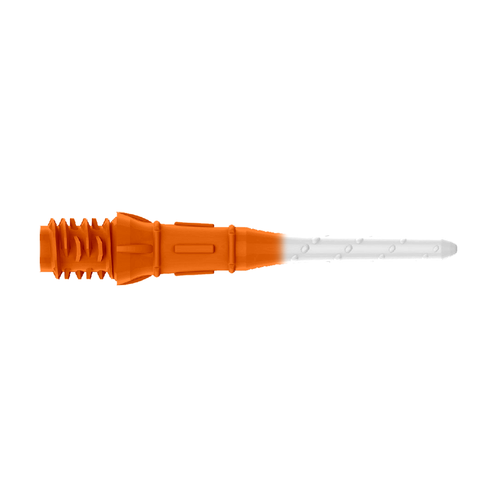 Das Bild zeigt eine zweifarbige Kunststoffspitze, die auf einer Seite orange und auf der anderen weiß ist. Es handelt sich um eine Ersatzspitze für ein elektronisches Dart.