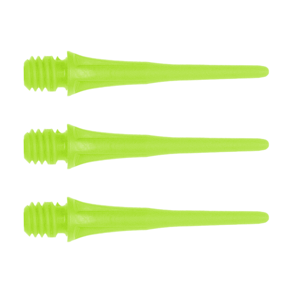 X9054_Cosmo_Fit_Point_Plus_2BA_Spitzen_Gr-n_1 Das Bild zeigt drei grüne Cosmo Fit Point Plus 2BA Spitzen nebeneinander. Diese Dartspitzen sind 25mm lang und werden im 50er Pack verkauft.