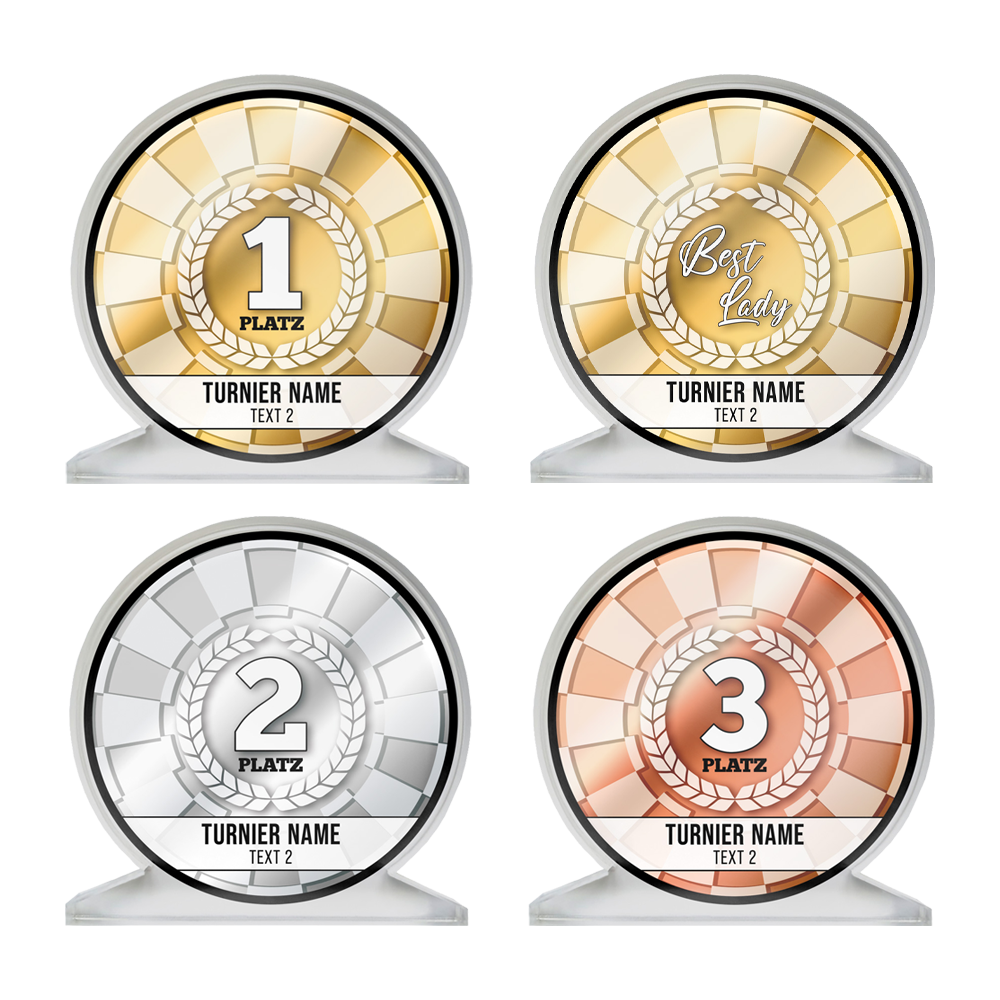 ACP-4SET_Acrylglas_Pokal_mit_Wunschdruck_Text_Set_1 Das Bild zeigt vier runde Acrylglas-Pokale mit unterschiedlichen Platzierungen und einem Pokal für "Best Lady". Jeder Pokal hat einen farbigen Hintergrund (Gold, Silber oder Bronze) und bietet Platz für individuellen Text.