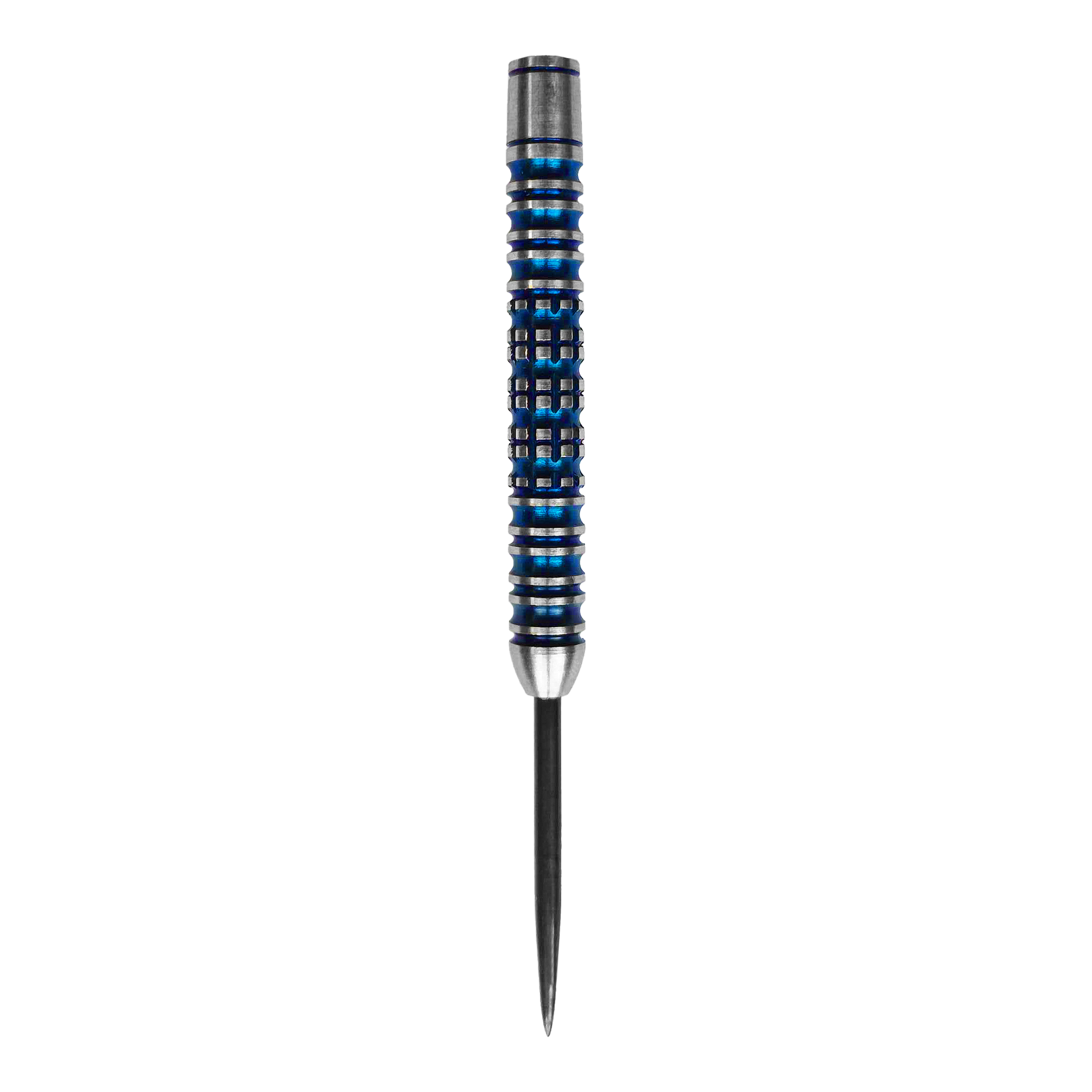 McDart Ocean Steeldart Barrels - 23g Das Bild zeigt ein McDart Ocean Steeldart Barrel mit einem Gewicht von 23g. Der Barrel hat ein silber-blaues Design mit Rillen und einem spitzen Ende.