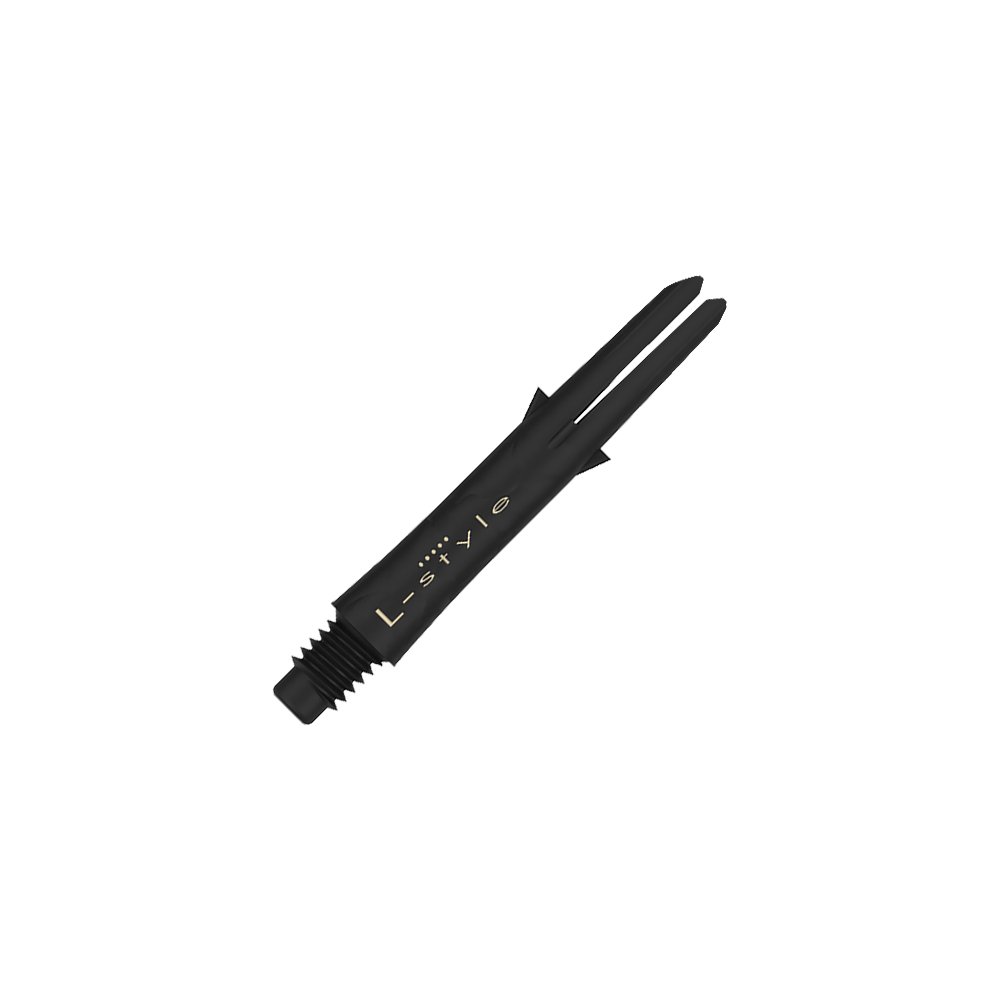 L-Style Carbon Shafts 190 Das Bild zeigt einen schwarzen Carbon-Dartshaft ohne Kappen mit der Aufschrift "L-style". Der Schaft ist 32 mm lang und hat ein Schraubgewinde am Ende.