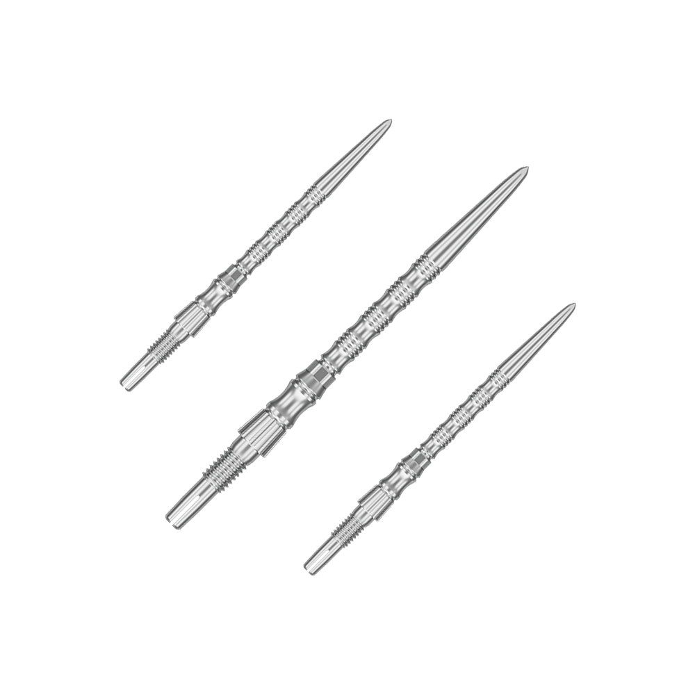 Silberne Dartspitzen mit einer Länge von 35 mm sind abgebildet. Das Bild zeigt ein Set der Target SwissPoint Signature TRB Dartspitzen.