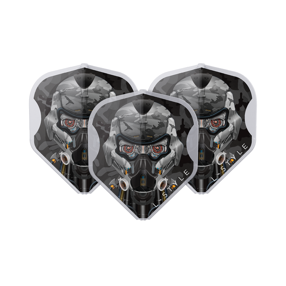 L-Style Berry Van Peer V4 Type D Clear White L1EZ Flights Das Bild zeigt drei Dart-Flights mit einem futuristischen Soldaten-Design in Grau- und Schwarztönen. Auf den Flights steht unten rechts "L-Style".