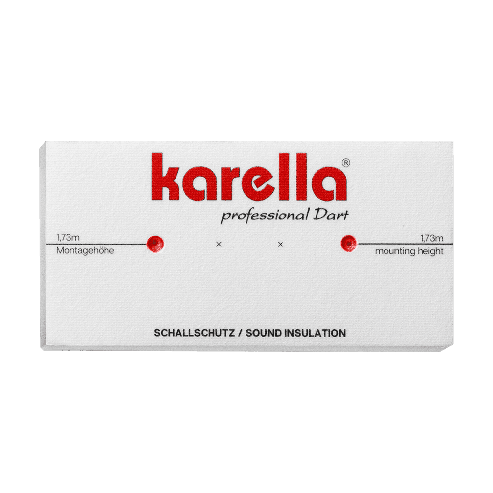 811501_Karella_Schallschutz_f-r_Steeldartboards_4 Das Bild zeigt eine Verpackung des Produkts "Schallschutz Karella für Steeldartboards mit integriertem Surround Auffangring". Auf der Verpackung steht der Markenname "Karella" und Hinweise zur Montagehöhe.