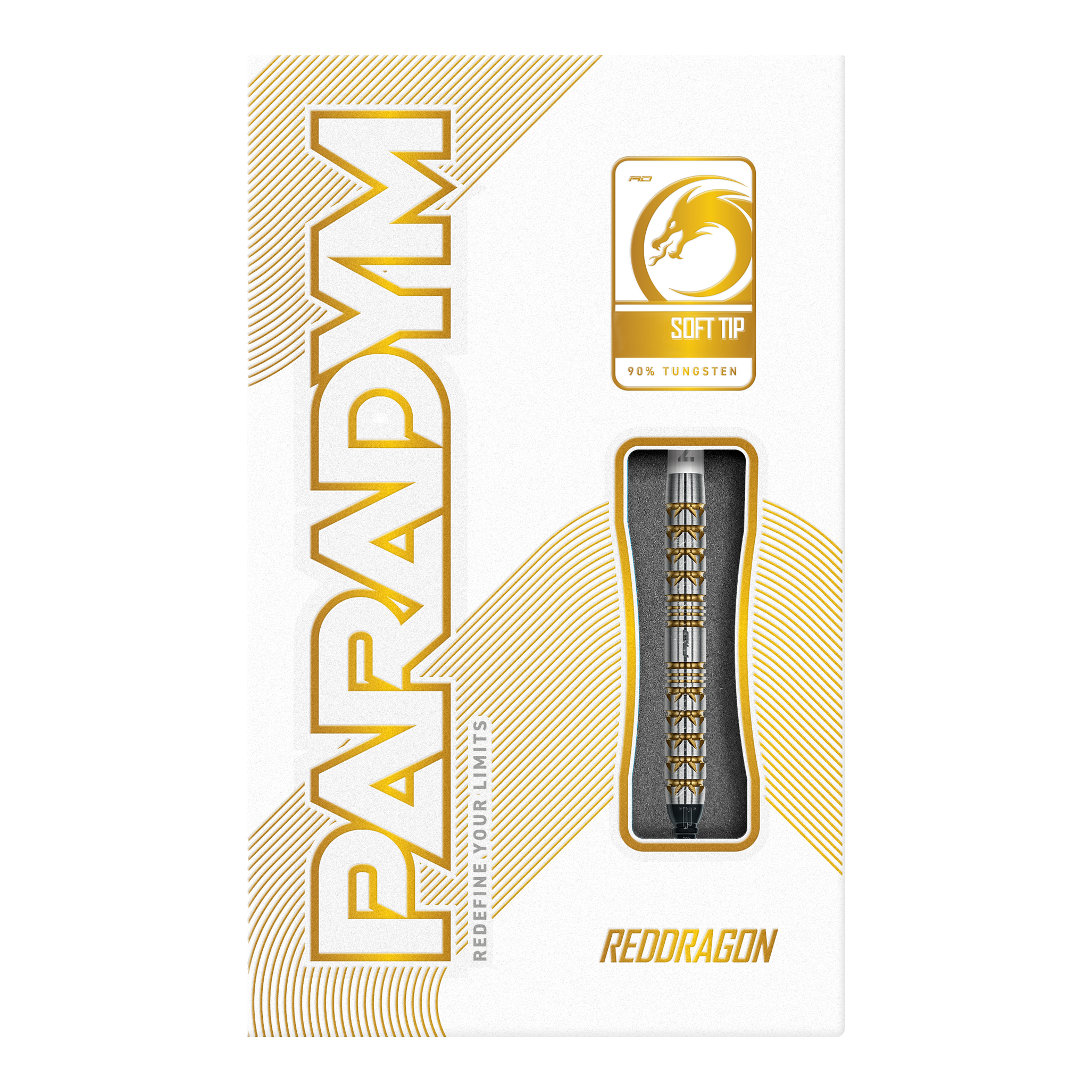 Hier sind die Red Dragon Paradym Gold Parallel Softdarts - 20g abgebildet. Sie zeigen elegante goldene Darts mit parallelem Schaft.