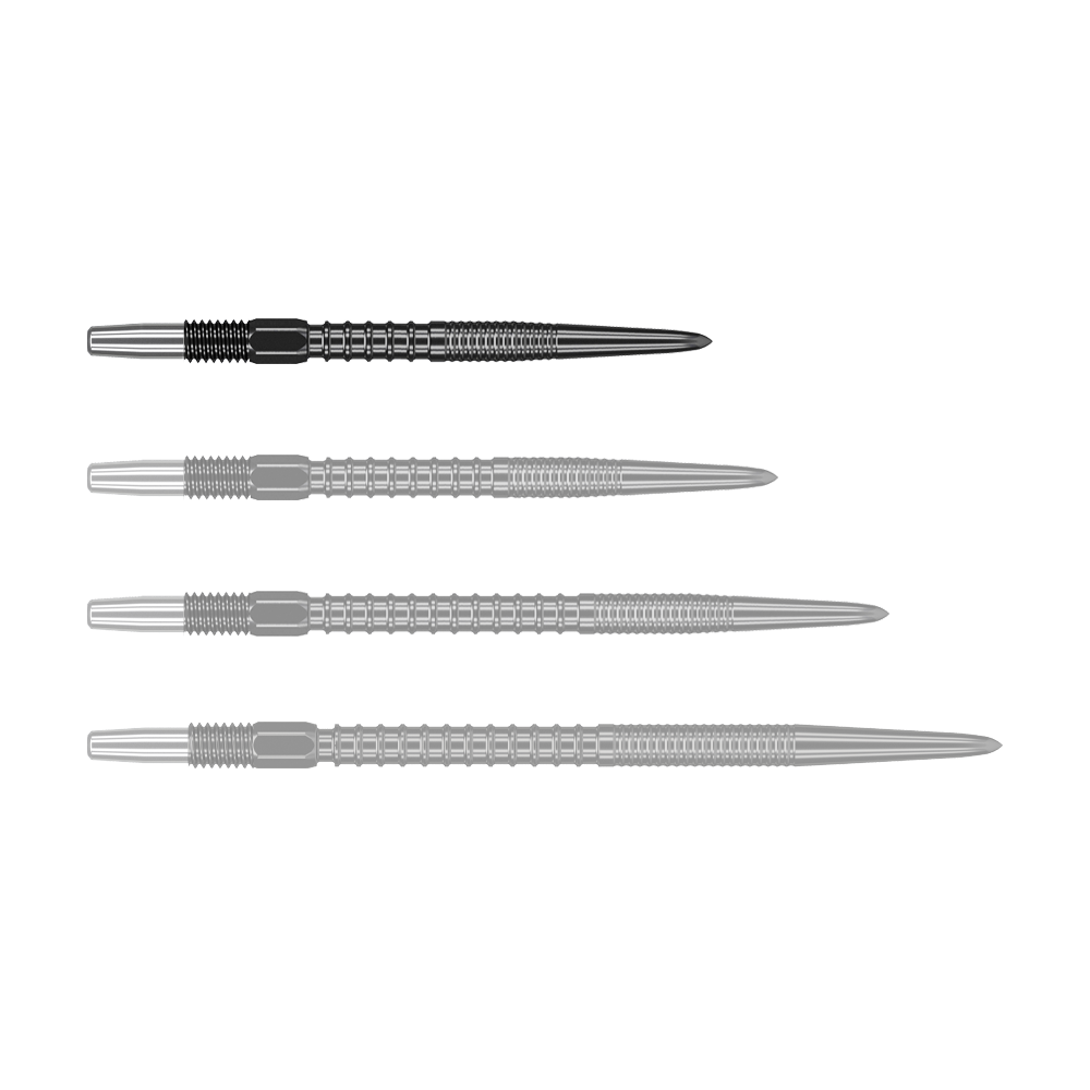 Auf dem Bild sind vier schwarze Dartspitzen in einer Reihe zu sehen. Sie sind aus Metall und haben ein modernes, gerilltes Design.