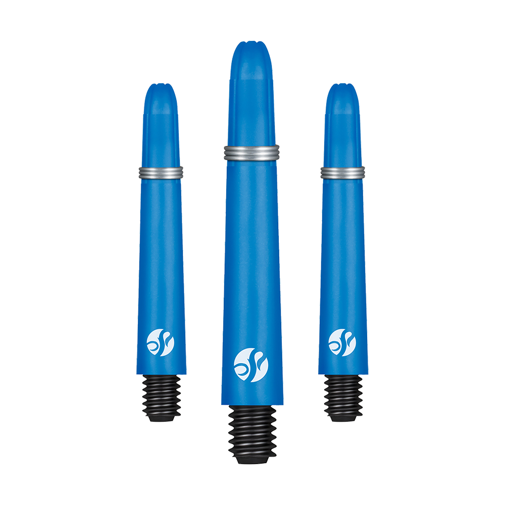 Shot Koi Carbon Shafts - Blau Auf dem Bild sind drei blaue Dartschäfte in unterschiedlicher Länge zu sehen. Sie bestehen aus Carbon und haben schwarze Gewinde sowie silberne Ringe.