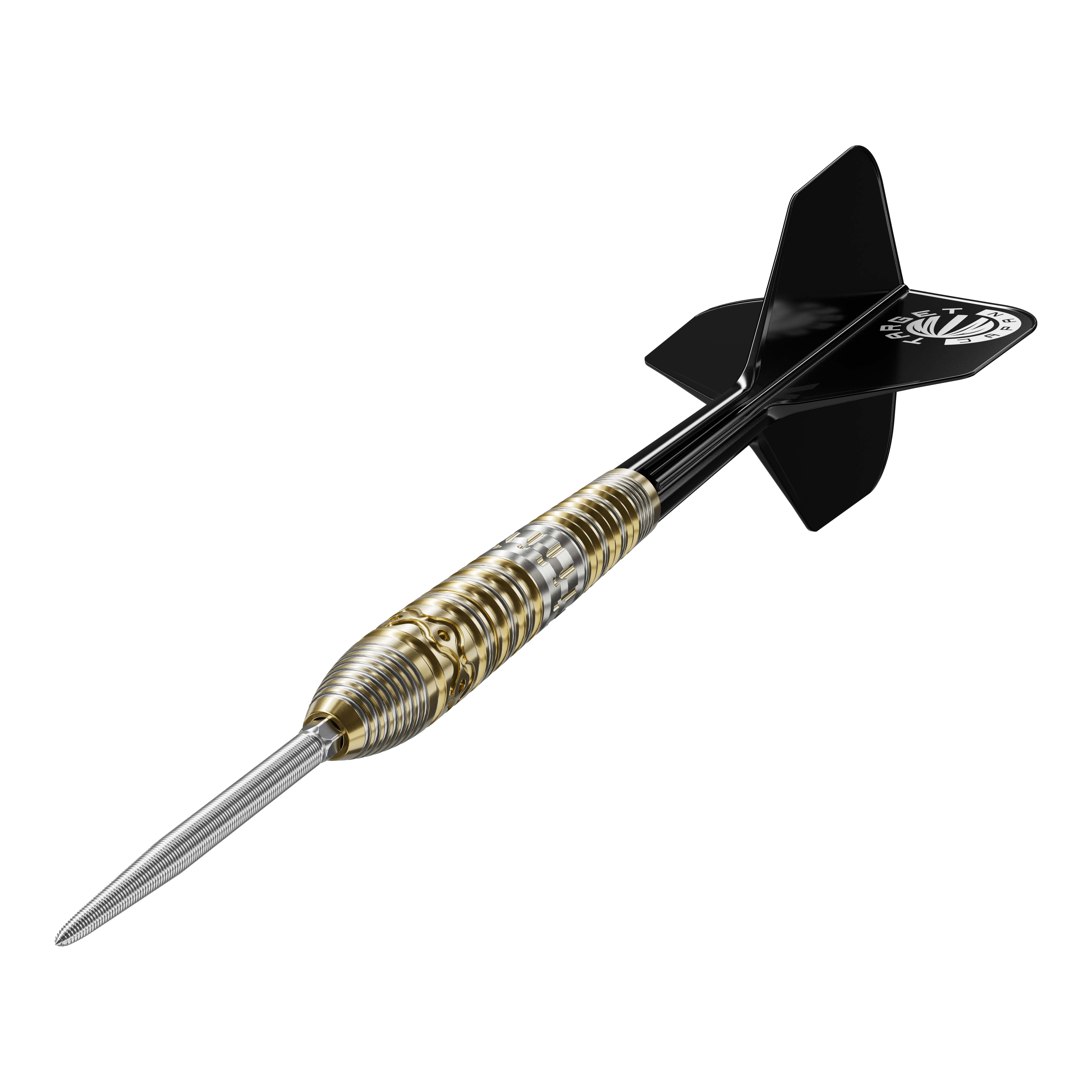 Target Japan Hot Shot GEN2 Steeldarts - 23g Das Bild zeigt einen Target Japan Hot Shot GEN2 Steeldart mit einem Gewicht von 23g. Der Dart hat einen metallischen, geriffelten Griffbereich und schwarze Flights.