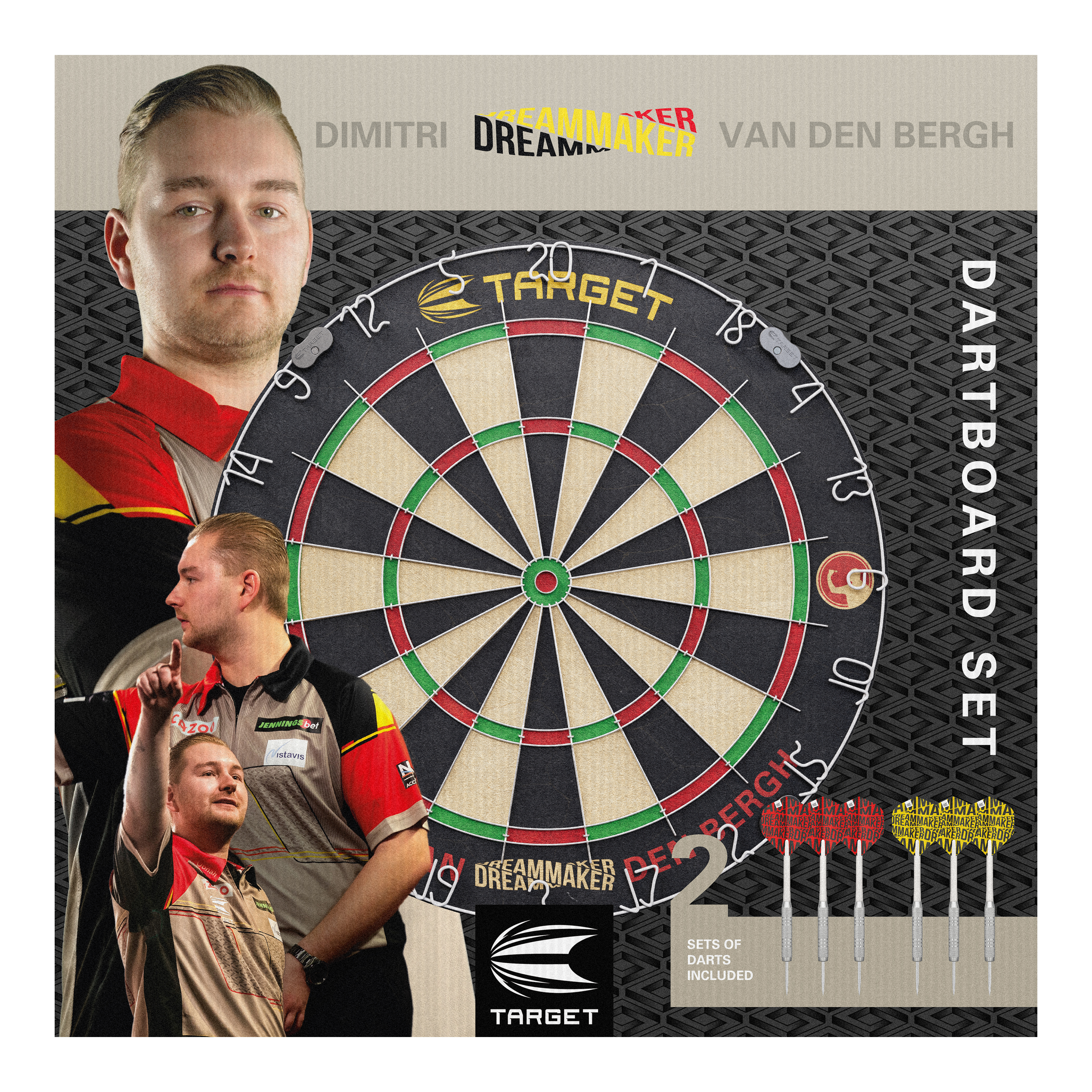 Target Dimitri Van Den Bergh Steeldartboard Set Das Bild zeigt das Produkt "Target Dimitri Van Den Bergh Steeldartboard Set" mit einer großen Dartscheibe in der Mitte. Rechts unten sieht man sechs mitgelieferte Darts und im Hintergrund ist Dimitri Van Den Bergh mehrfach abgebildet.